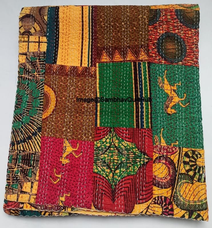 Queen/Twin/King Yellow Floral Patchwork Mix Print Throw Reversible Blanket Indian Kantha Quilts Ethnic Stitched Bedcover Bohemian Floral Kantha Comforter Quilting Kantha (60X90 inches)