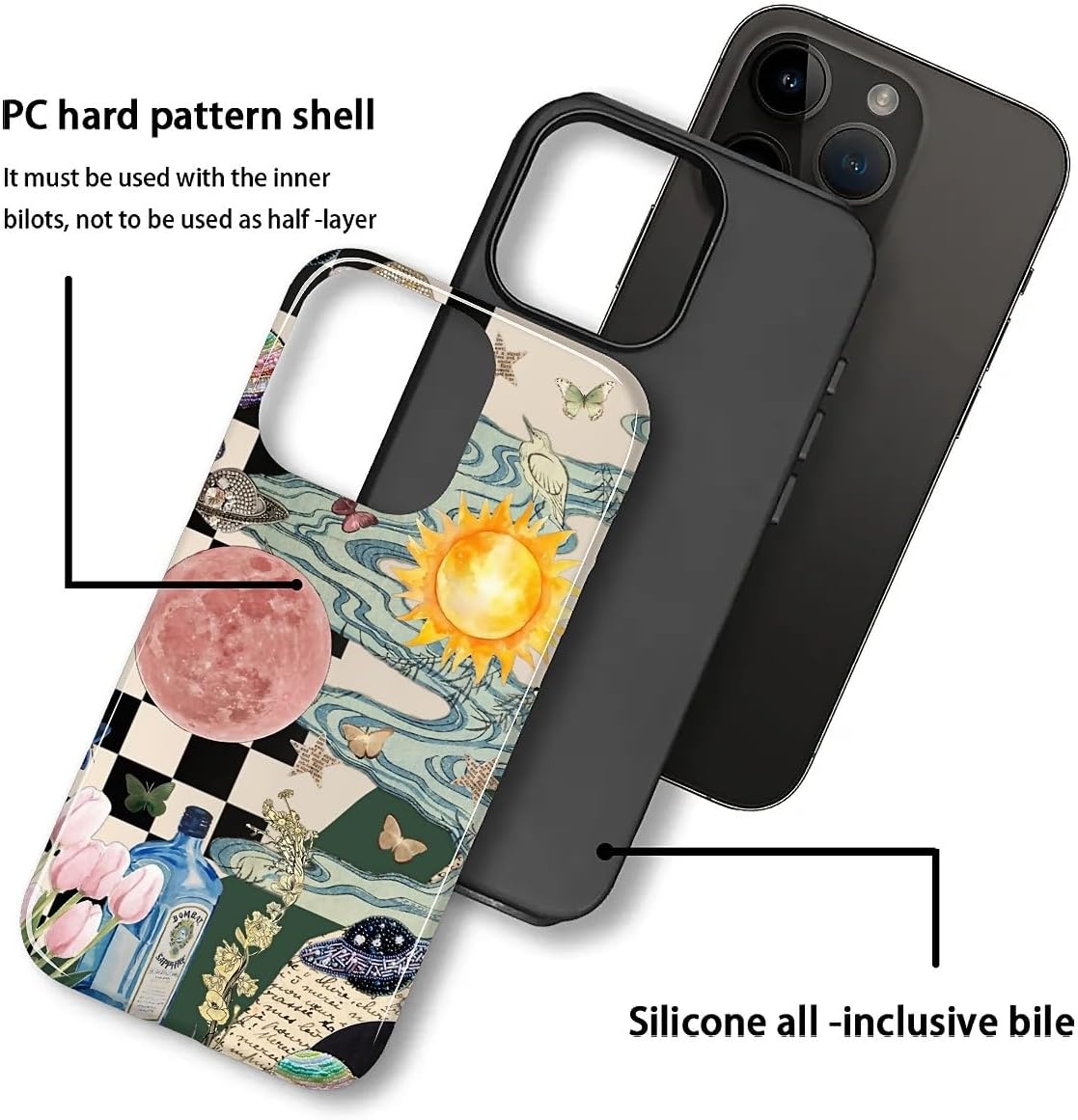 Compatible with iPhone 14 Pro Max Case - Hybrid Heavy Duty 2 in 1 Full Body Rugged Shockproof Protection Glossy Case for iPhone 14 Pro Max - Aesthetic Collage Moon and Sun image 4