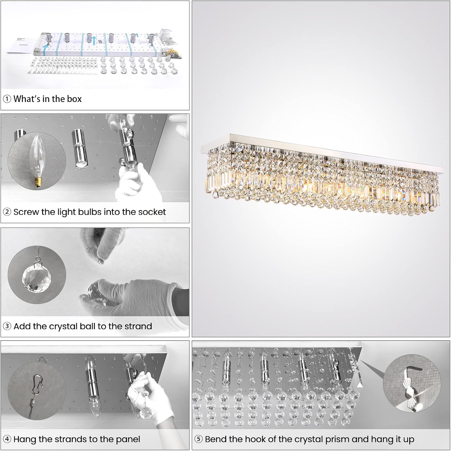 Siljoy Modern Crystal Chandelier 10-Lights Rectangular Flush Mount Pendant Ceiling Light Fixture Rectangle K9 Crystal Raindrop Chandelier for Dining Living Room Kitchen Island L47'' x W10'' x H10'