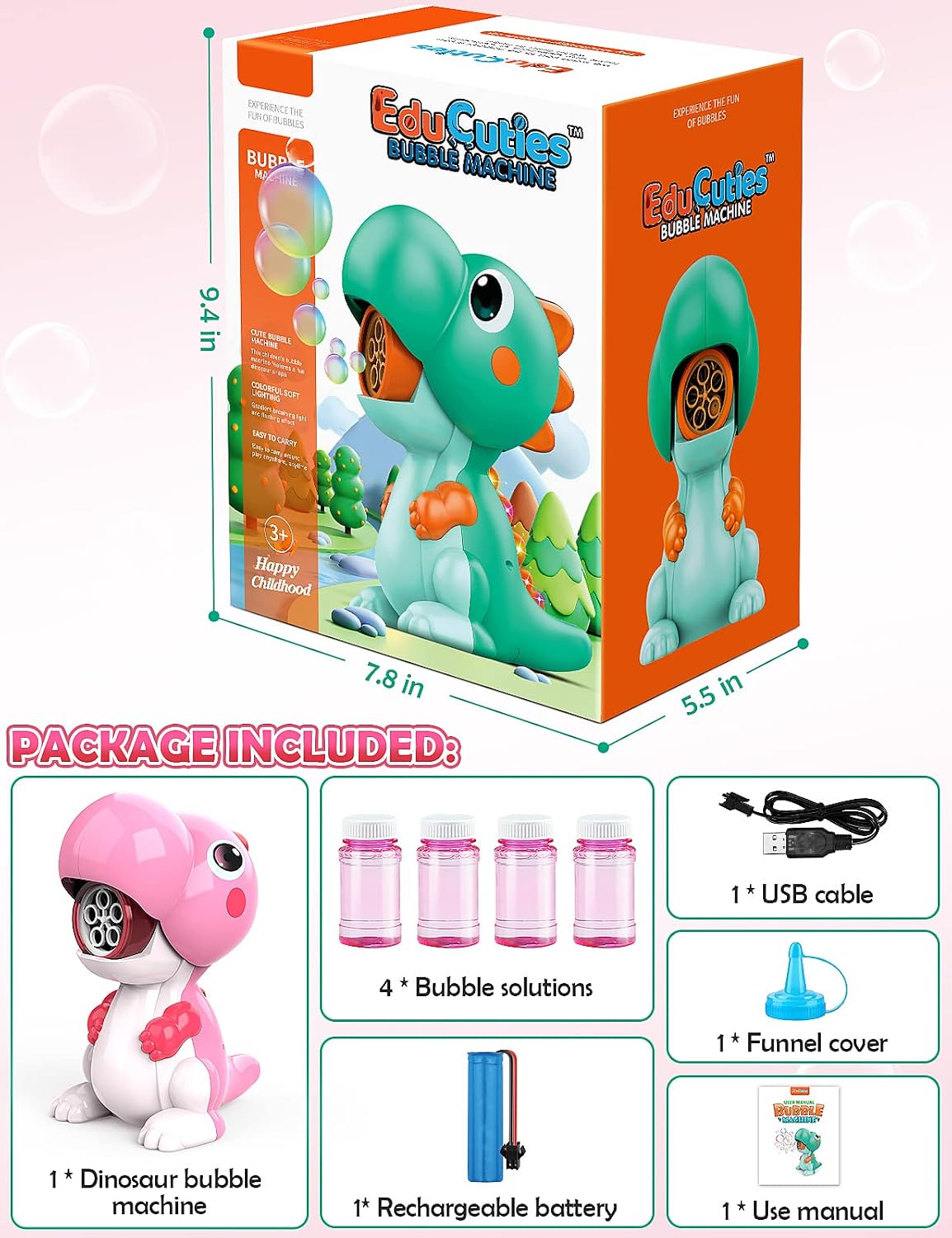 EduCuties Bubble Machine for Toddlers, Automatic Dinosaur Bubble Toys Blower Maker with Solutions for Kids Ages 4-8 Outdoor Toy for 3 4 5 6 Girls Birthday Gift Present-Pink