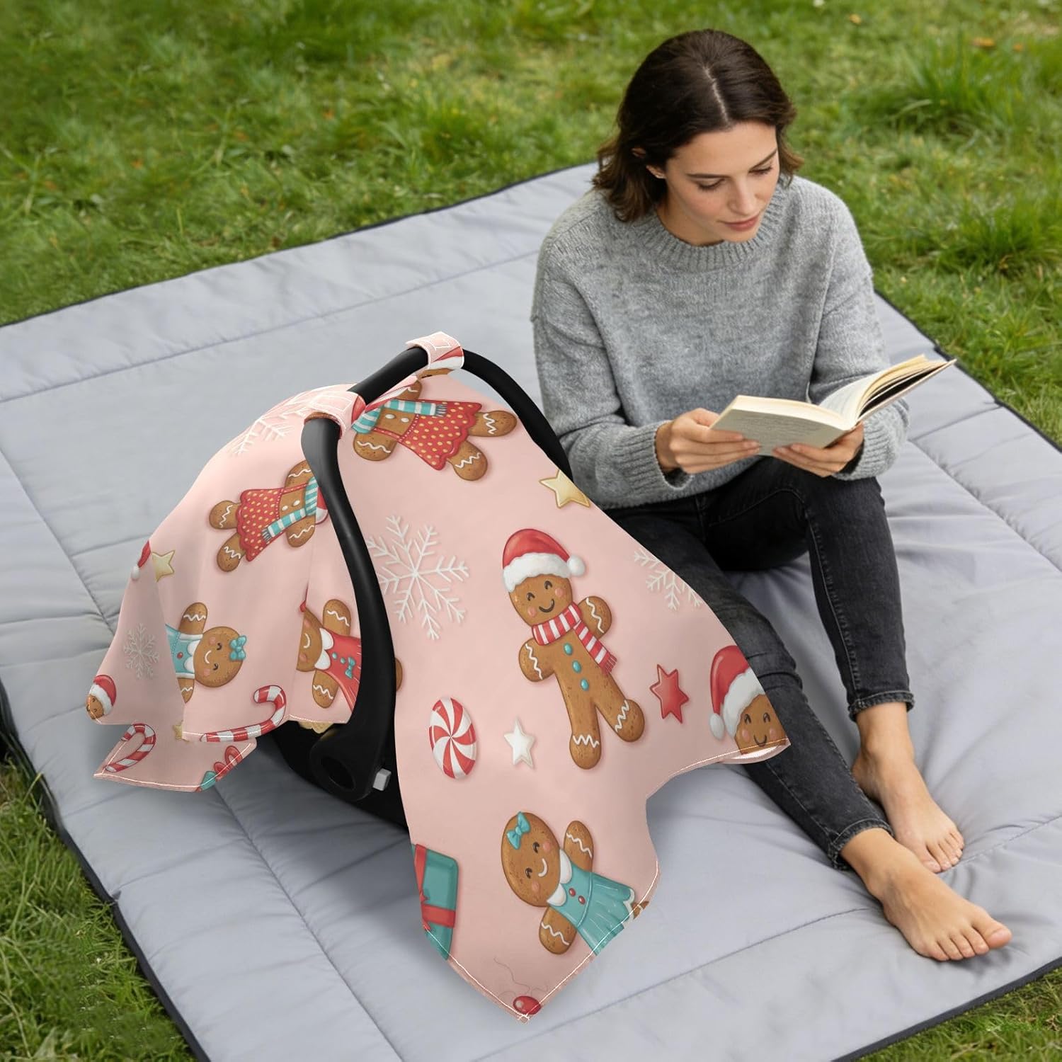 Sun Shade for Baby Strollers UV Protection Car Seat Net Cover,Protects from Snow Blush Background Gingerbread Couple & Gift