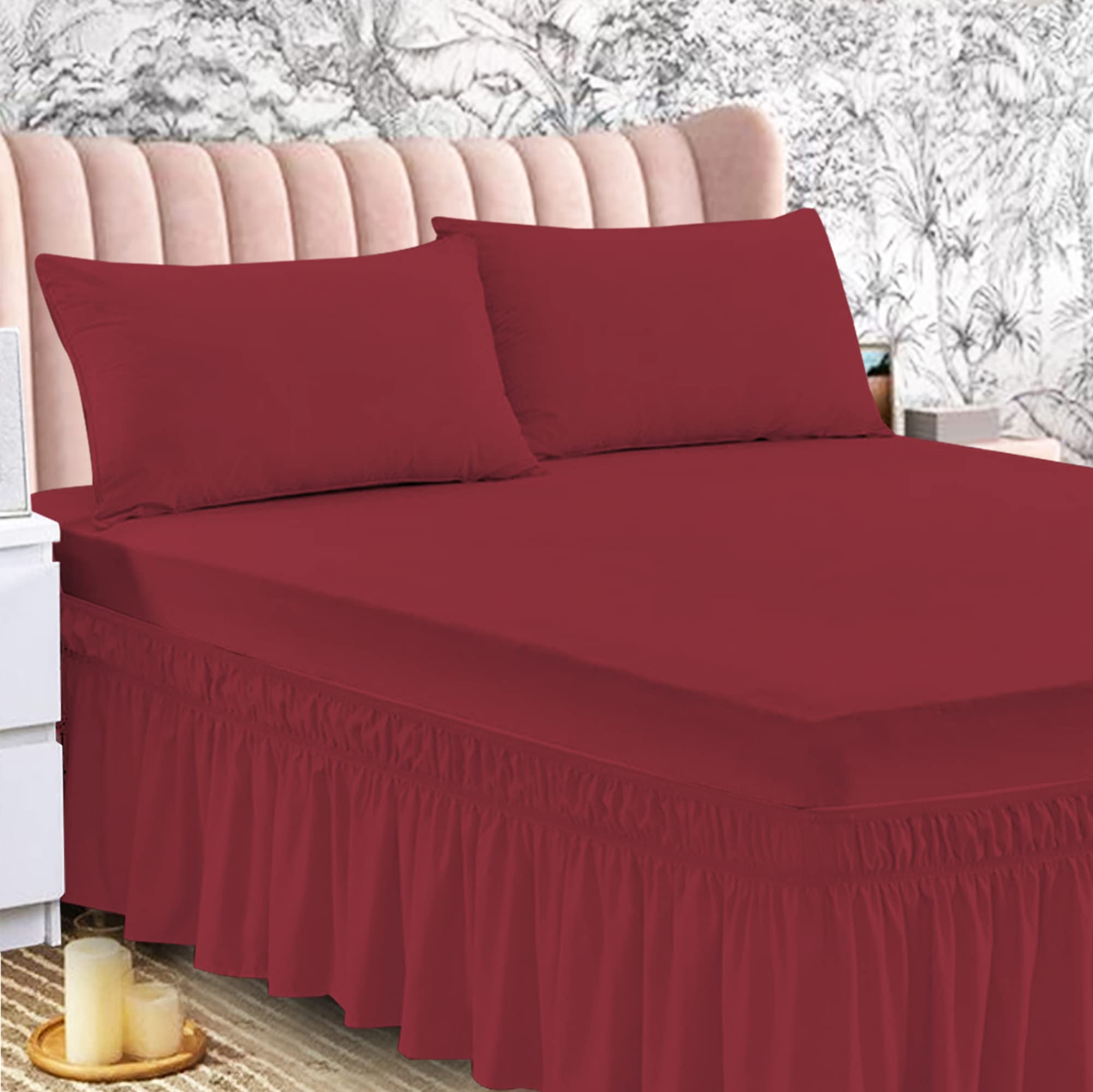 Extra Deep Frilled Valance Sheet Non Iron Thick Fabric Poly Cotton Super King Size Valance Bed Sheet Mattress Cover burgundy - 180 X 198 + 25 cm + Frill 40 cm