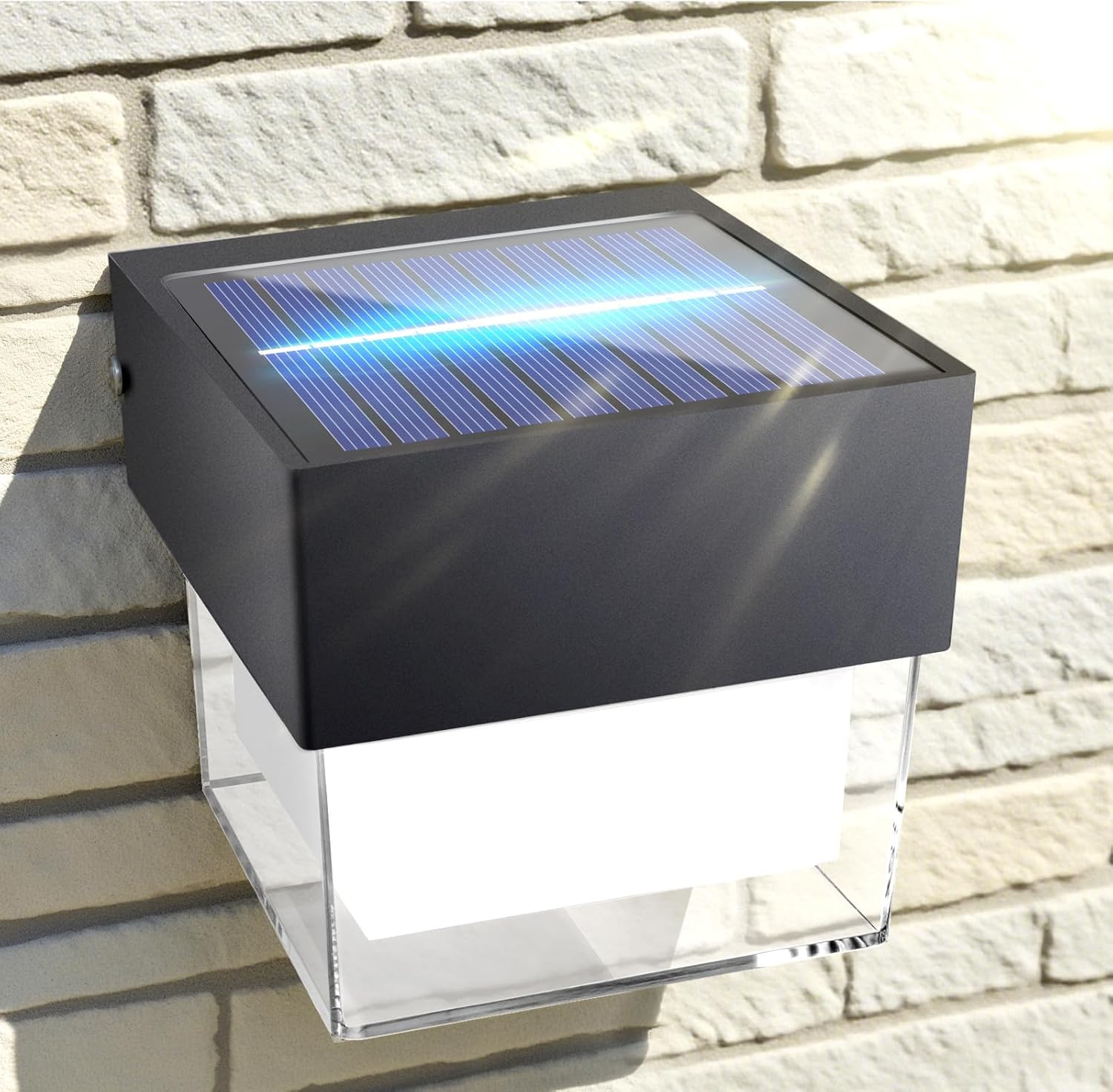 Close-up image of the solar panel on top of the light fixture, indicating charging.