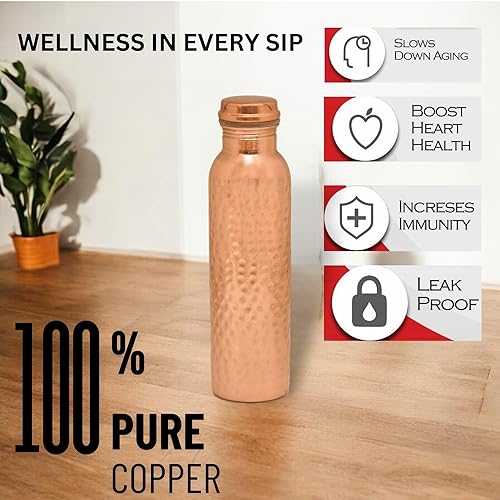 Miniatura 4 de NZM Botella de agua de cobre puro de 34 onzas para beber, tapa a prueba de fugas, botella de agua ayurvédica de cobre martillado de 33.8 fl oz