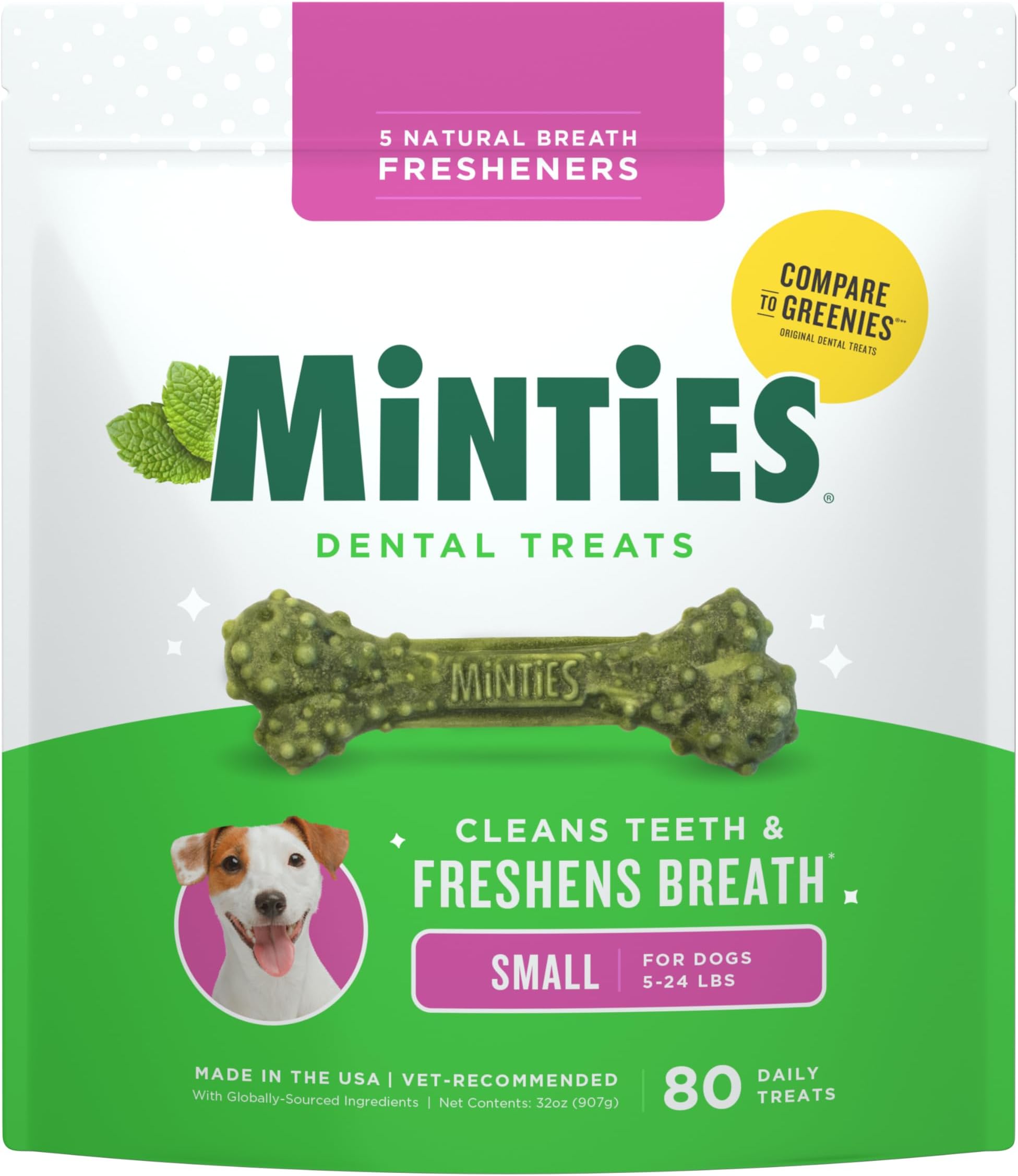 Dog Dental Bone Treats, Tiny/Small Dental Dog Treats, Clean Teeth, Fight Bad Breath, Removes Plaque and Tartar, 80 Count