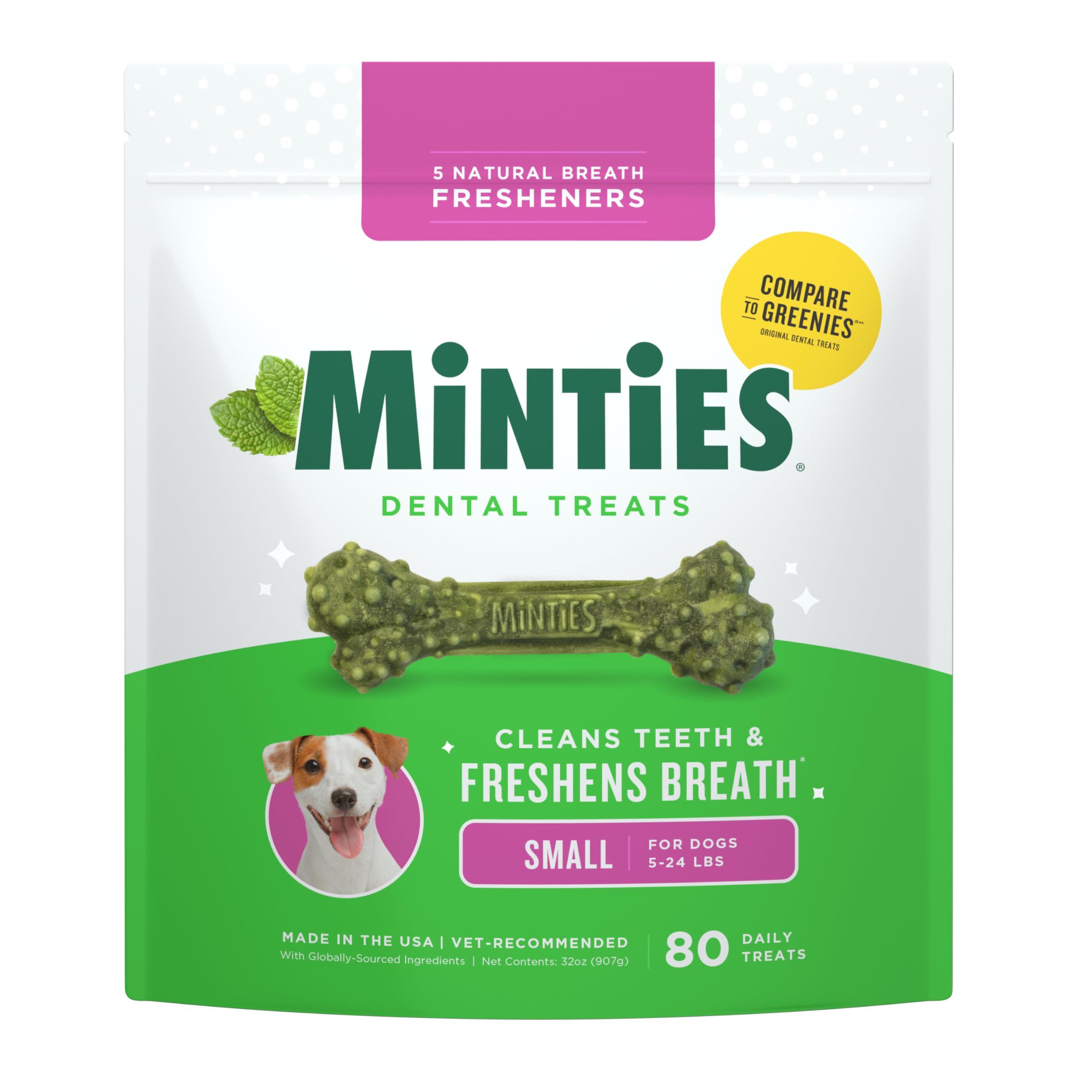 Minties Dog Dental Bone Treats, Tiny/Small Dental Dog Treats, Clean Teeth, Fight Bad Breath, Removes Plaque and Tartar, 80 Count
