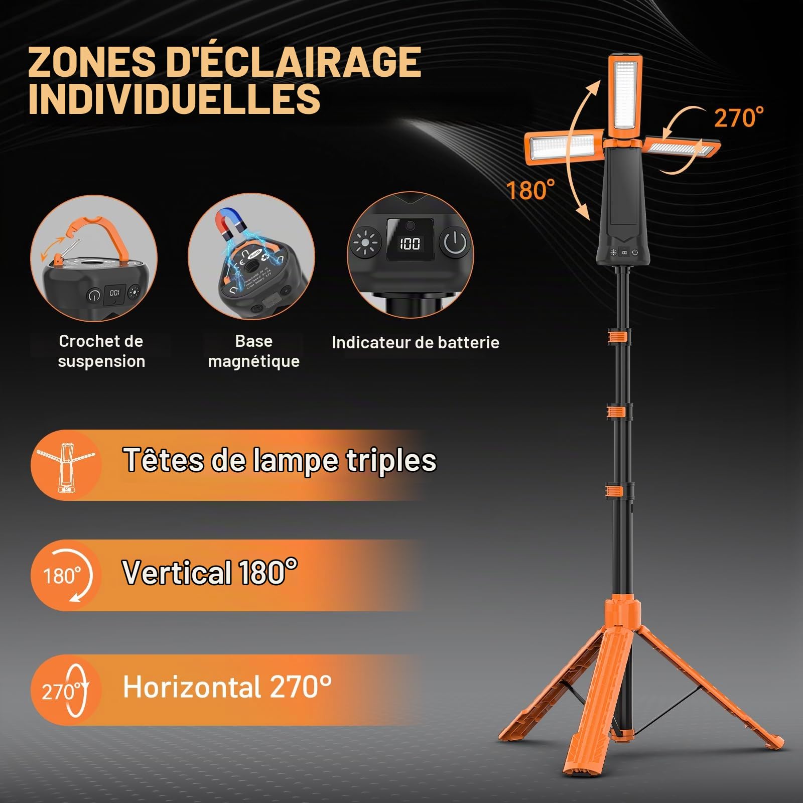 Projecteur de Chantier avec Trépied, 12000mAh Rechargeable Lampe de Camping LED à 3 Têtes, 5000LM 6500/4500/3500K Réglable & 5 Mode, Lampe de Travail Portable pour Pêche, Atelier, Urgence (Orange)