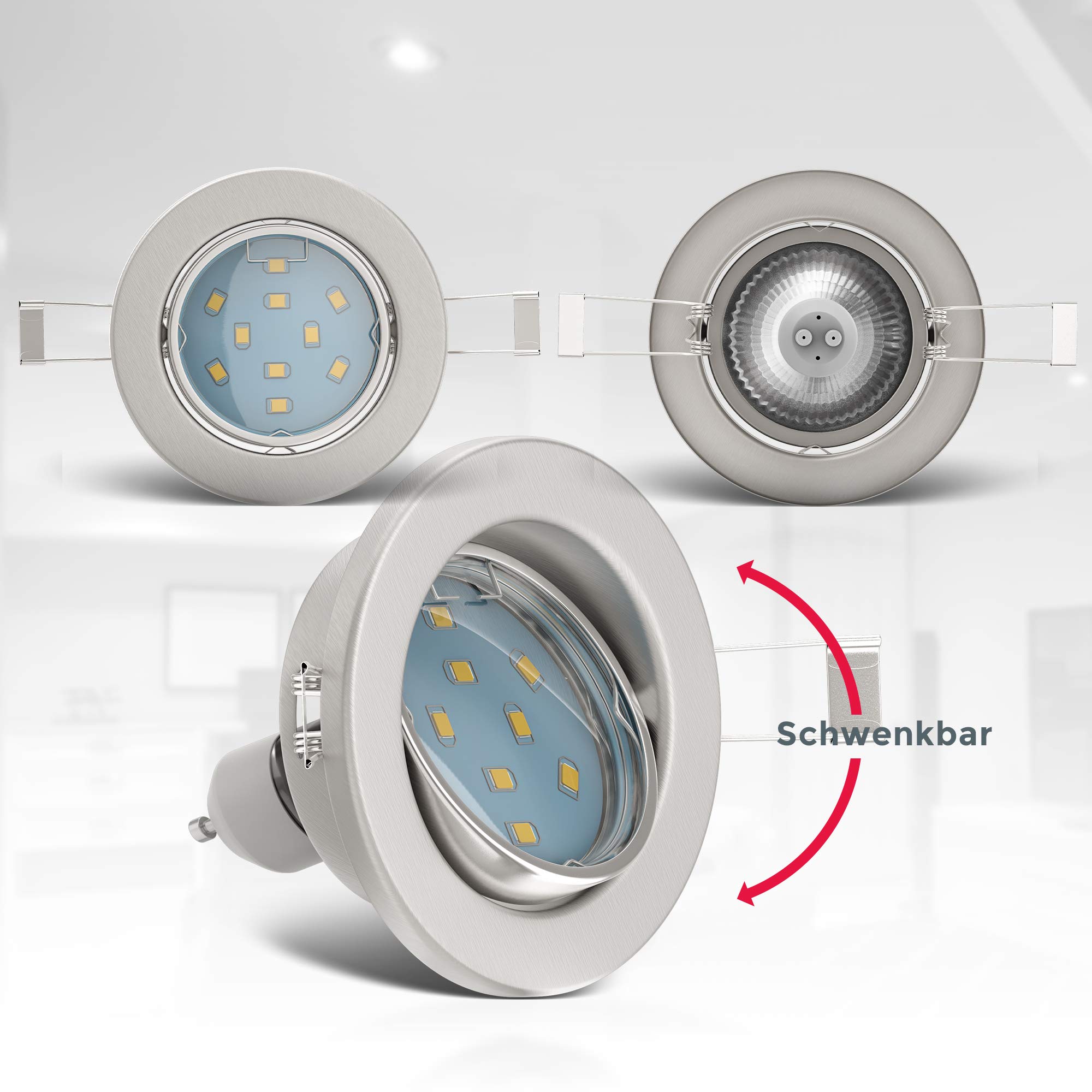 B.K.Licht - 10er Set LED Einbaustrahler 230V schwenkbar, warmweiße Lichtfarbe, Lochmass 68mm, LED Spot, Deckenspots, Spots, Einbauleuchten, Einbauspots, Deckenstrahler, 86x70 mm, Matt-Nickel