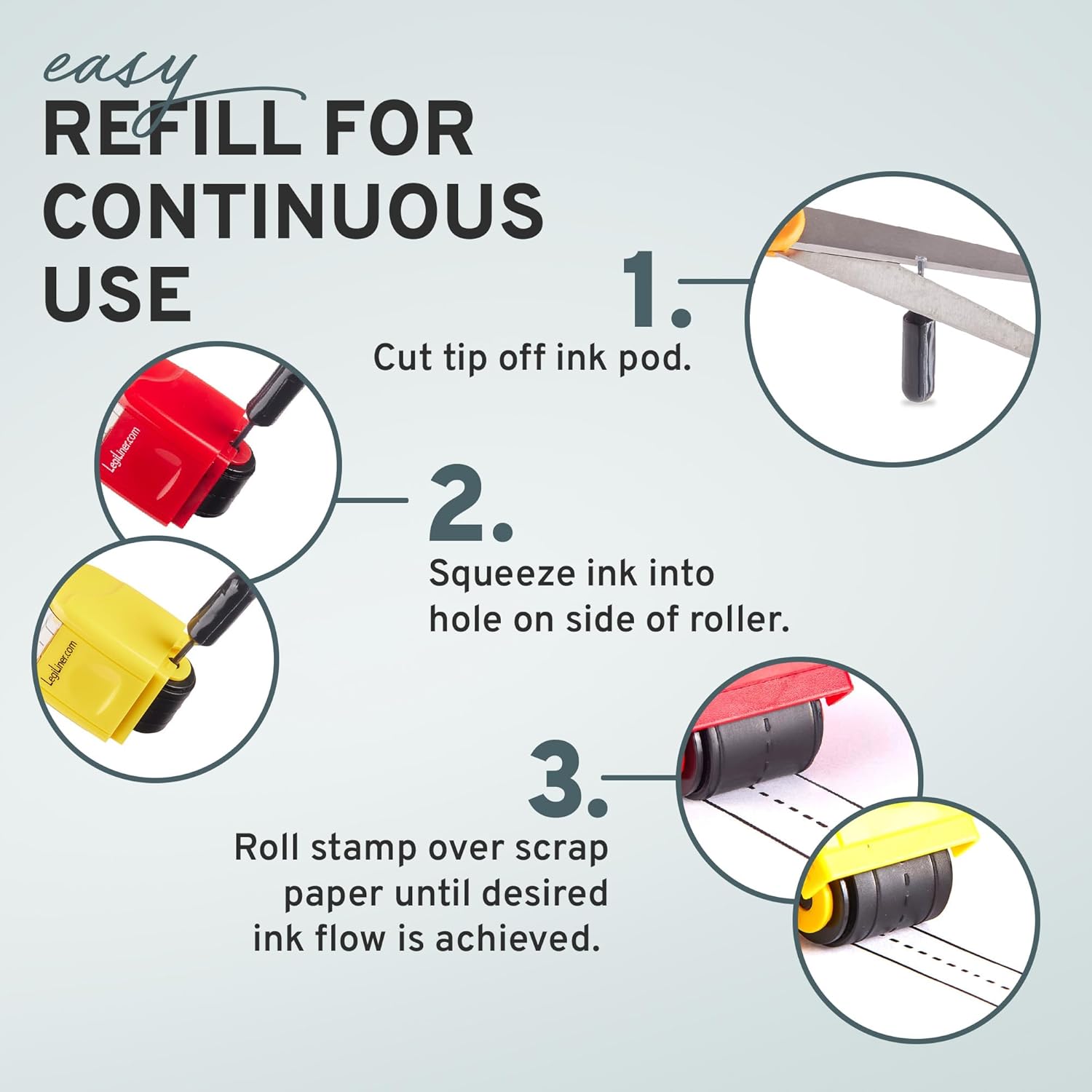 LEGILINER Set of 2 Tri-Lined Dashed Handwriting Teacher Stamps – 3/4" Red & 1/2" Yellow with Free Ink Refill. Classroom, Homework & Home Use. Refillable Ink Writing Practice Roller Stamp Set.