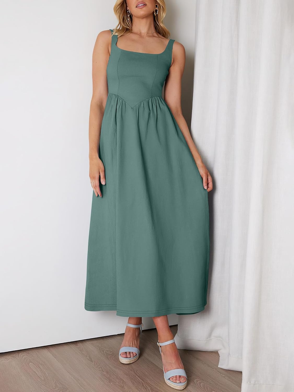 ANRABESS Sundresses for Women 2025 Summer Casual Sleeveless Square Neck Smocked Flowy Beach Vacation Midi Dress with Pockets - Image 4