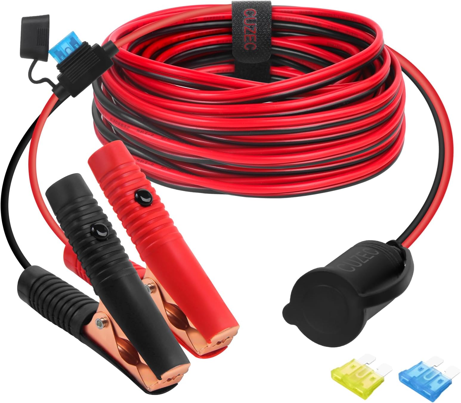 CUZEC 13.1FT/4m 16 AWG Extension Cord Plug Socket with Battery Clamp 12V/ 24V Battery Clip-On and Cigarette Lighter Adapter (13.1FT Long)