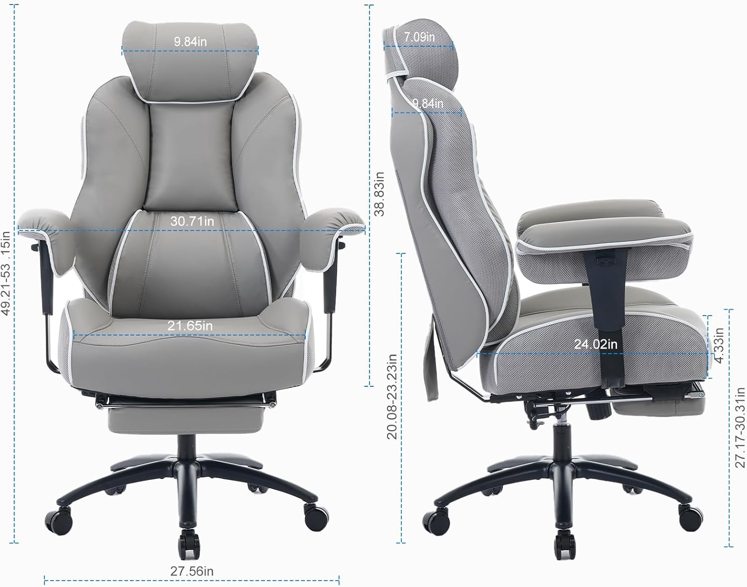 DJ·Wang Big and Tall Office Chair with Foot Rest, High Back Executive Office Chair PU Leather, Ergonomic Chairs with Lumbar Support, 135° Reclining Chairs with Thickened Spring Cushion Gray - Image 2