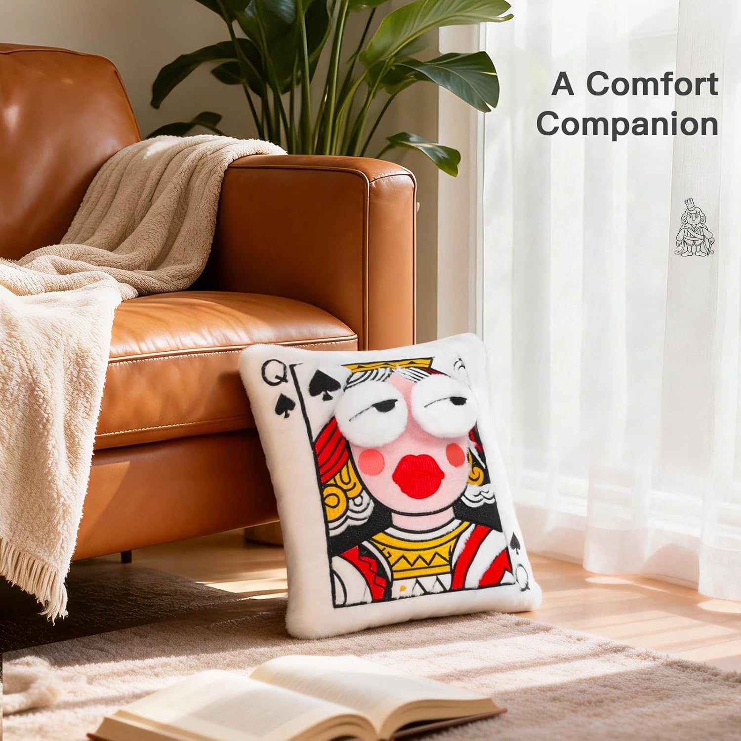 LANPU 3D Embroidered Poker Card Throw Pillow, Soft Plush Playing Card Cushion, Queen of Spades Decorative Pillow for Sofa Couch Bed, Cute Fluffy Eyes Design, 13.8x10.7 Inch Home Decor & Gift - Image 7