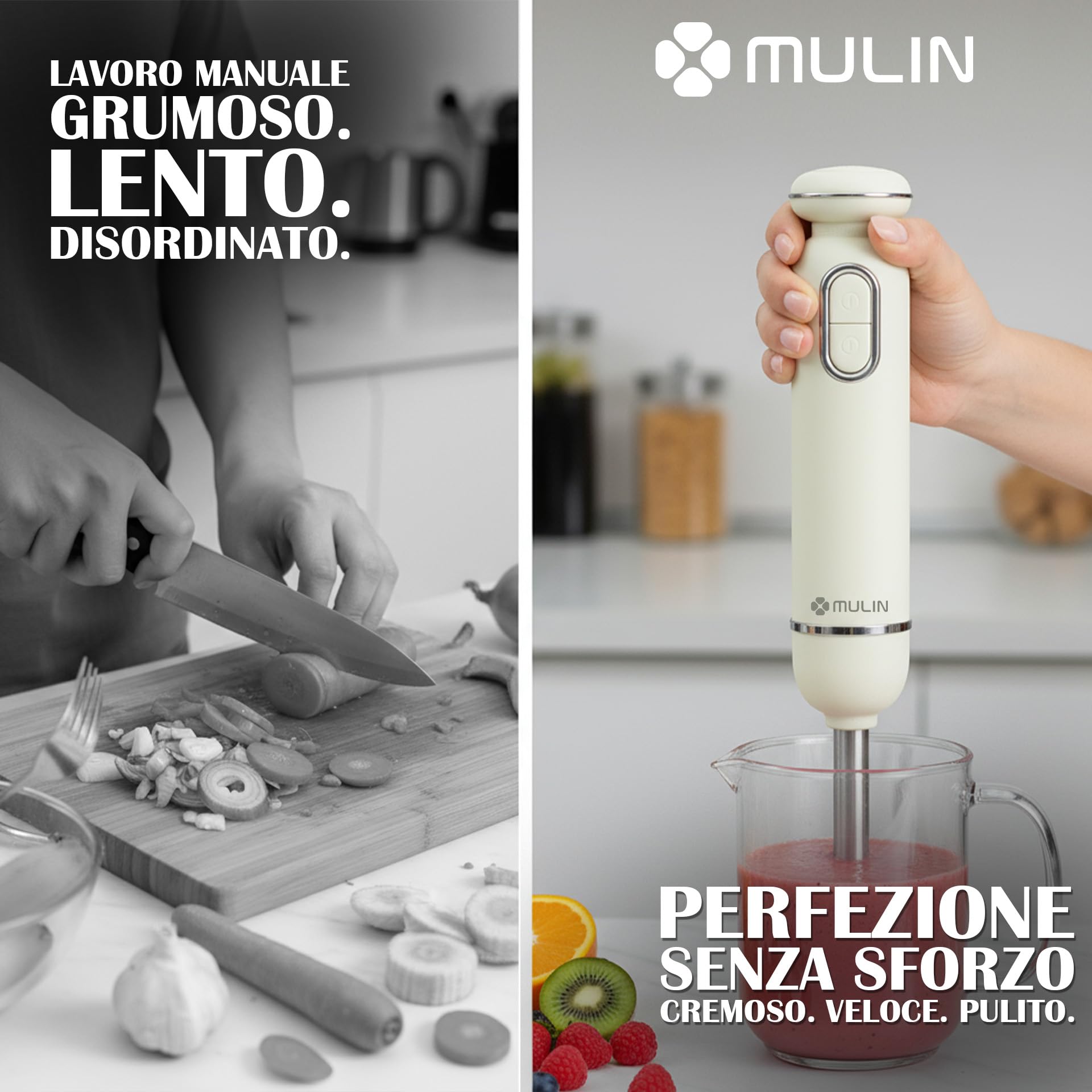 MULIN Frullatore a Immersione 4 in 1, 600W con Velocità Regolabile e Protezione Anti-Schizzo, Include Frusta, Bicchiere e Tritatutto, Ideale per Zuppe, Salse e Frullati in Cucina