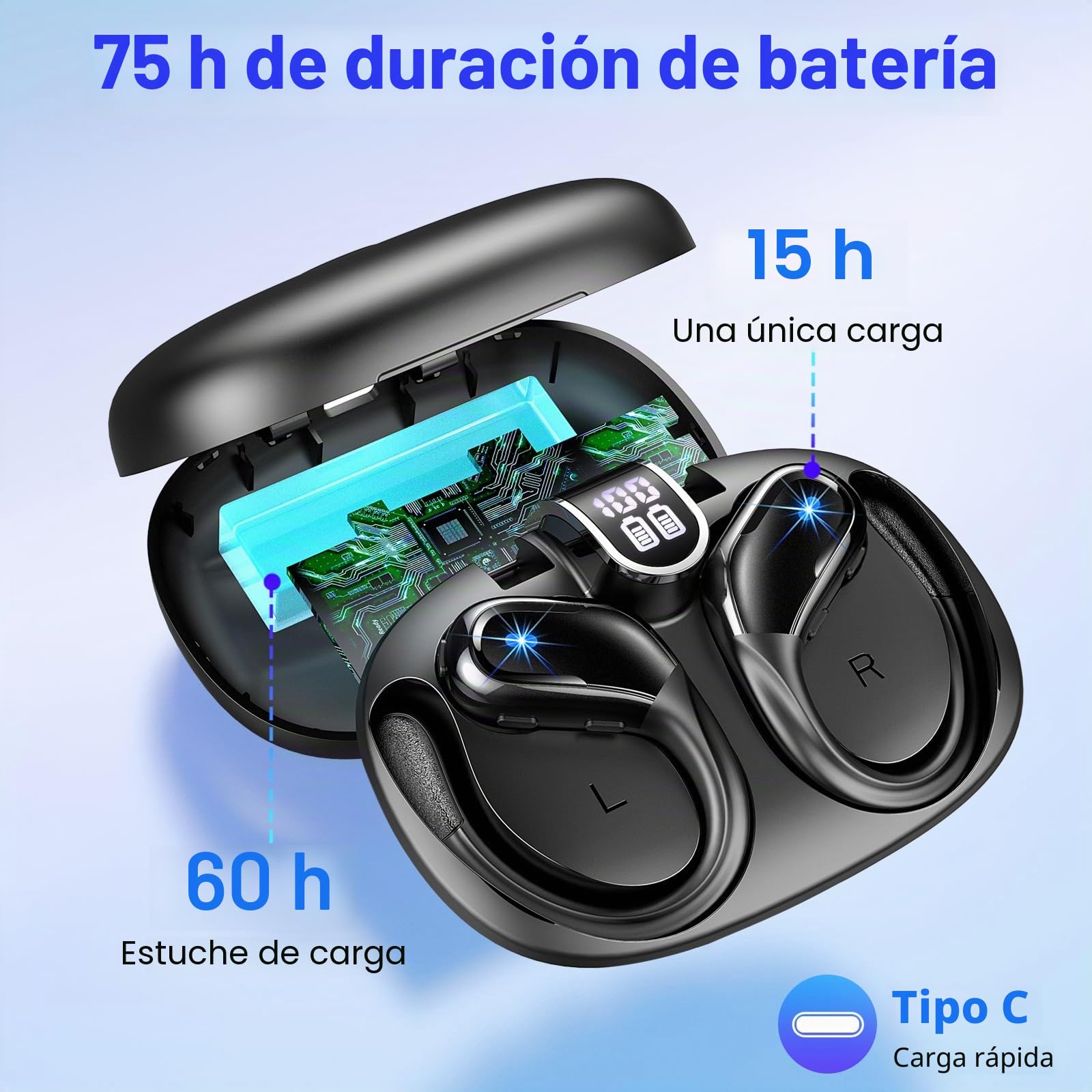 Auriculares Inalámbricos Ltinist BX29, Negro, Bluetooth 5.3, 75H, Cancelación de Ruido HD, IP7 Impermeable