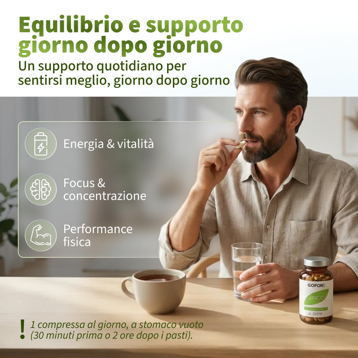 Gofor360 Zinco Bisglicinato Puro — Integratore di Zinco ad Alta Biodisponibilità per Uomo — Supporto a Testosterone, Difese Immunitarie, Funzione Cognitiva e Pelle Sana — 60 Capsule