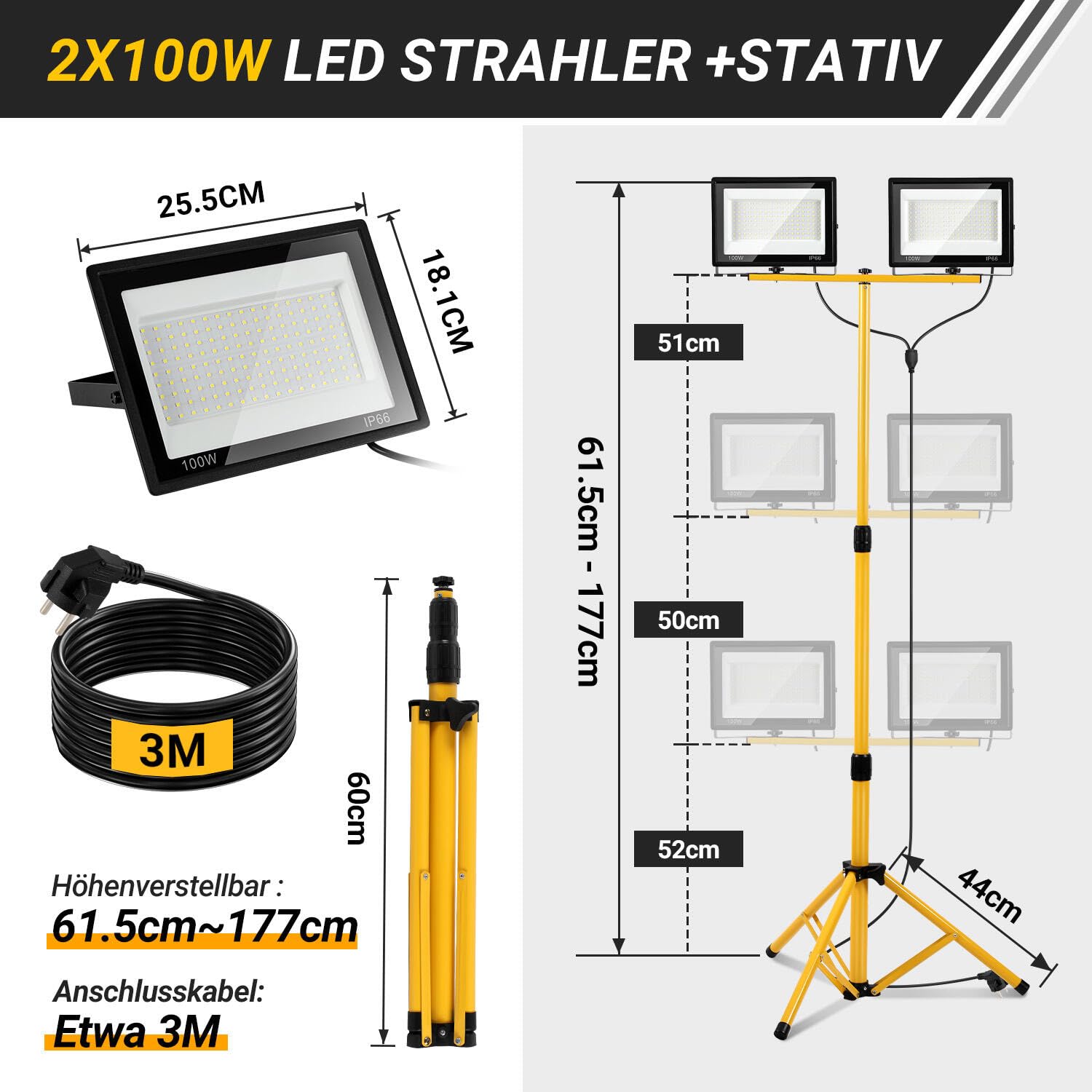 2x100W Faretto da Cantiere LED con Supporto, 8500LM 6500K Bianco Freddo Faretto LED, Regolabile in Altezza, Direzione Regolabile, con Cavo da 3m e Spina, Impermeabile IP66 per Interno ed