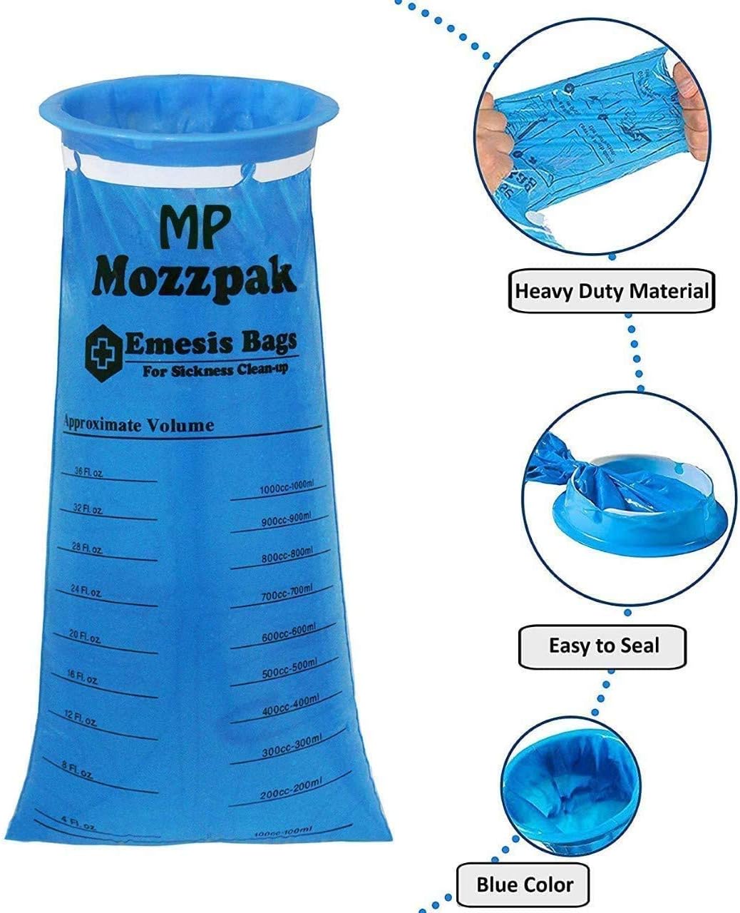 MP MOZZPAK Vomit Bags – 24 Pack – 1000ml Emesis Bags – Leak Resistant, Medical Grade, Portable, Disposable Barf Bags, Puke, Throw Up, Nausea Bags for Travel Motion Sickness, Car & Aircraft, Kids, Taxi : Health & Household