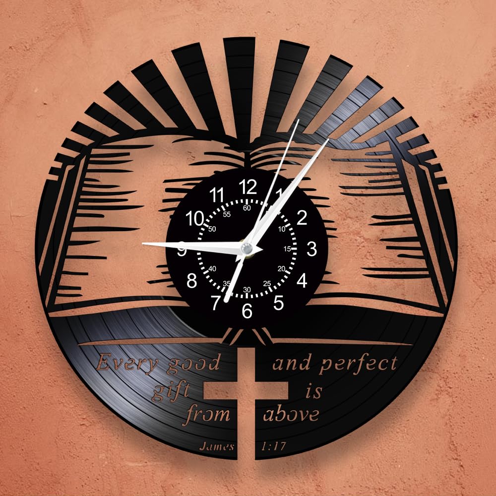 TIMEGLOWTIMEGLOW 12 Inch Scripture Bible Wall Clock, James 1:17 Every Good is from Above Bible Verse Quote Christian Jesus Christ Prayer Vinyl Wall Watch Clock Silent Non Ticking for Bedroom