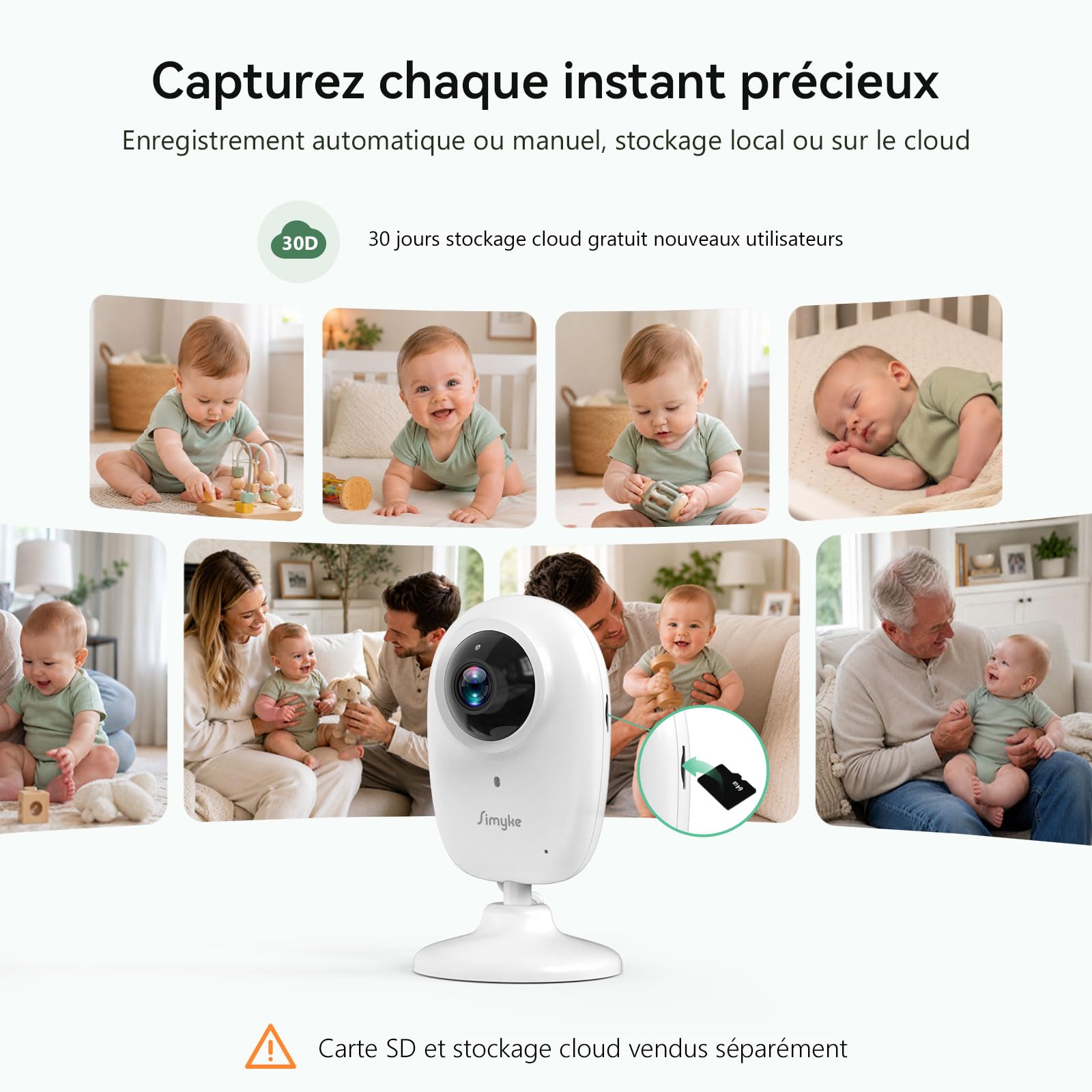 Simyke Babyphone Caméra Bébé Écran 3,5" & Caméra 1080P HD, Connexion WiFi Smartphone & Liaison Hors WiFi, Vision Nocturne, Zoom, VOX 20h Autonomie, Détection Intelligente, Stockage Local & Cloud