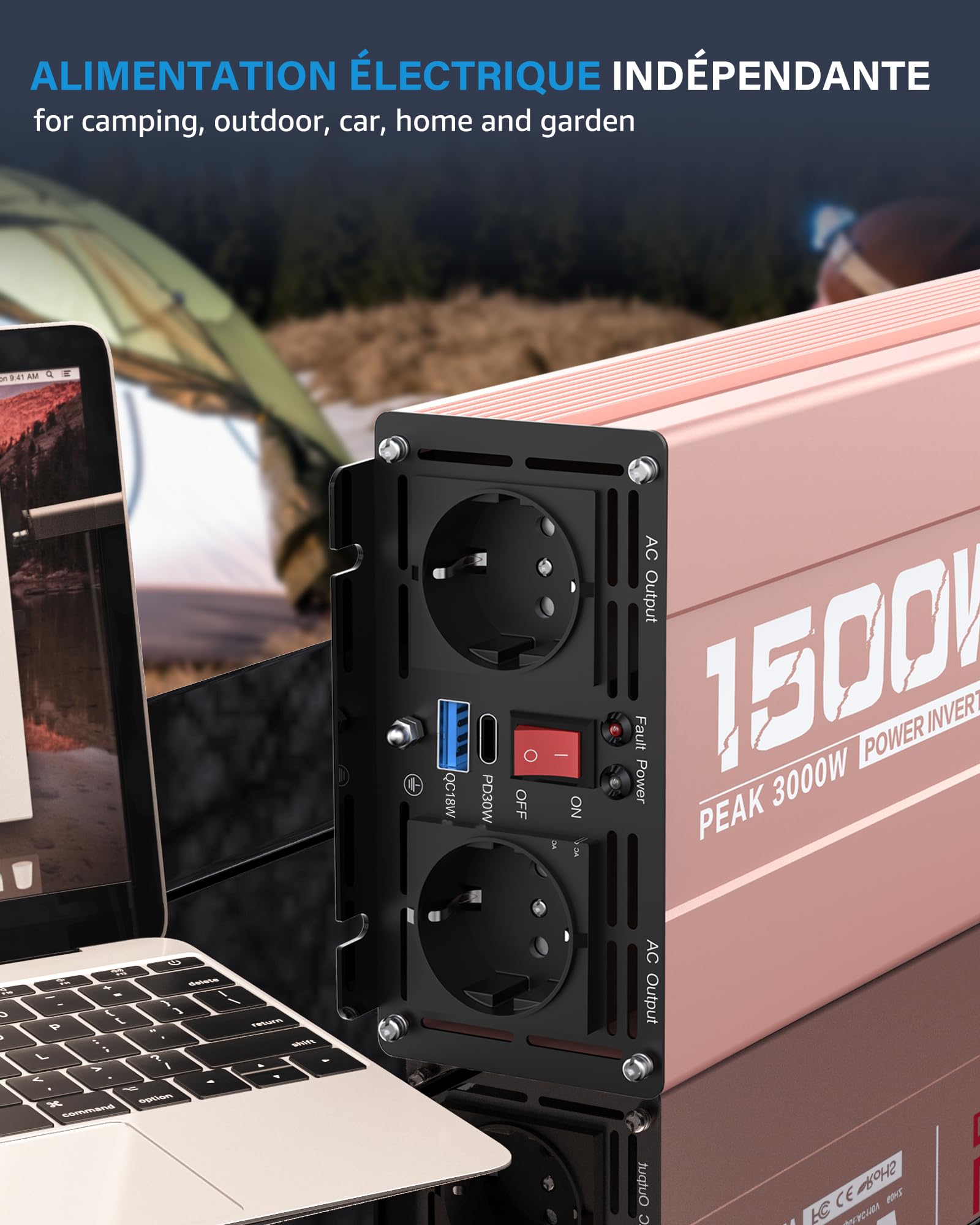 XWJNE Convertisseur 12V 220V, 1500W Convertisseur de Tension, Onduleur Sinus Modifié, Convertisseur de Puissance Voiture avec 2 Prises CA, 1 Port USB-A et 1 Port USB-C, pour RV Voiture de Camion