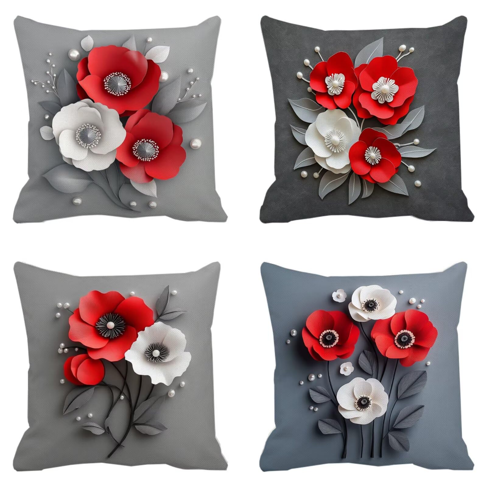 Housse Coussin 60x60cm Super Doux Set de 4 Taies d'Oreiller Fleurs Impression Recto Verso