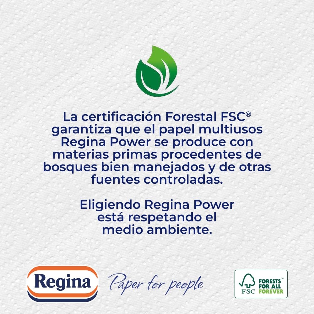 Regina Power Papel de Cocina - 1 Rollo Aún Más Largo, 340 Hojas de 2 Capas, Adecuado para Limpiar Superficies Domésticas, Embalaje Reciclable, Papel 100% Certificado FSC