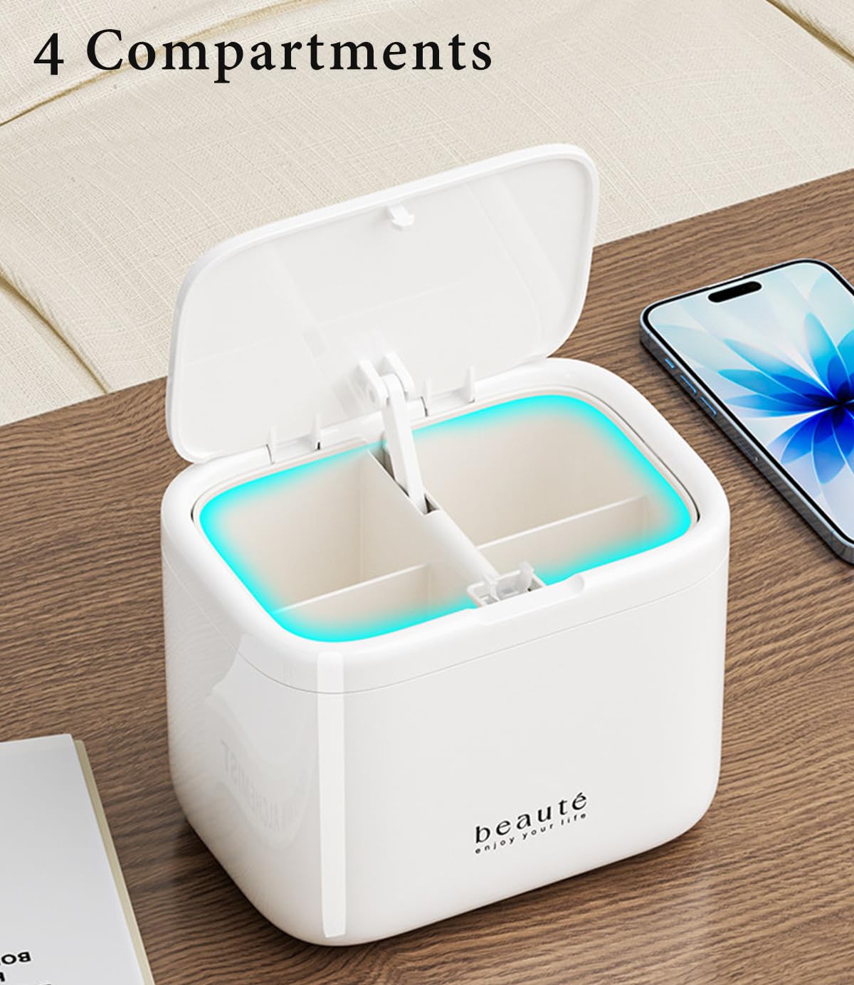 Caja organizadora automática de hisopos de algodón con tapa, ABS y acero inoxidable, 4 compartimentos, montaje en pared, 127 x 89,6 x 96,3 mm