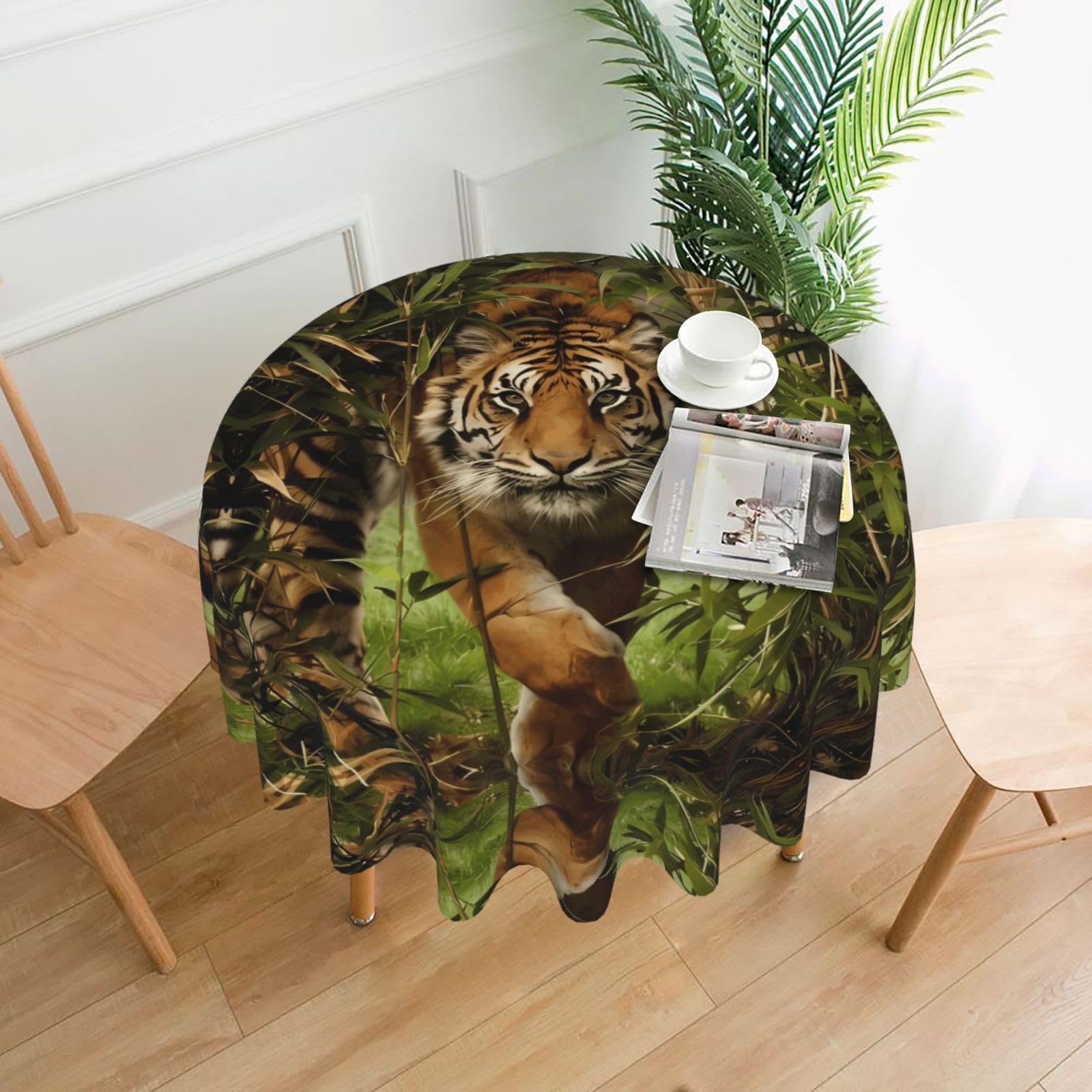ZHAOUR Tiger In The Jungle Print Round Washable Tablecloth – Table Cover