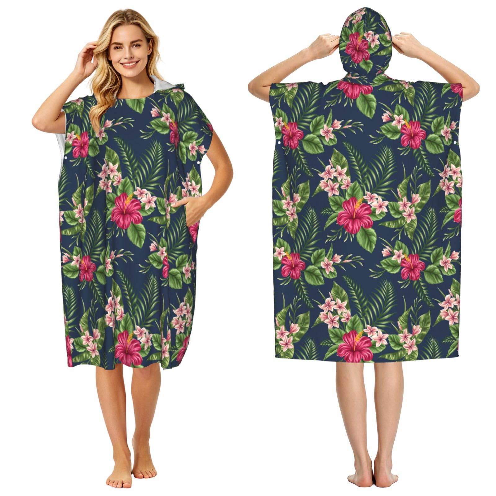 Poadnly Tropical Flowers Frangipani Hibiscus, Adult Hooded Beach Towel 90 x 110 cm,Changing Bath Robe, Surf Poncho Towel For Women Men