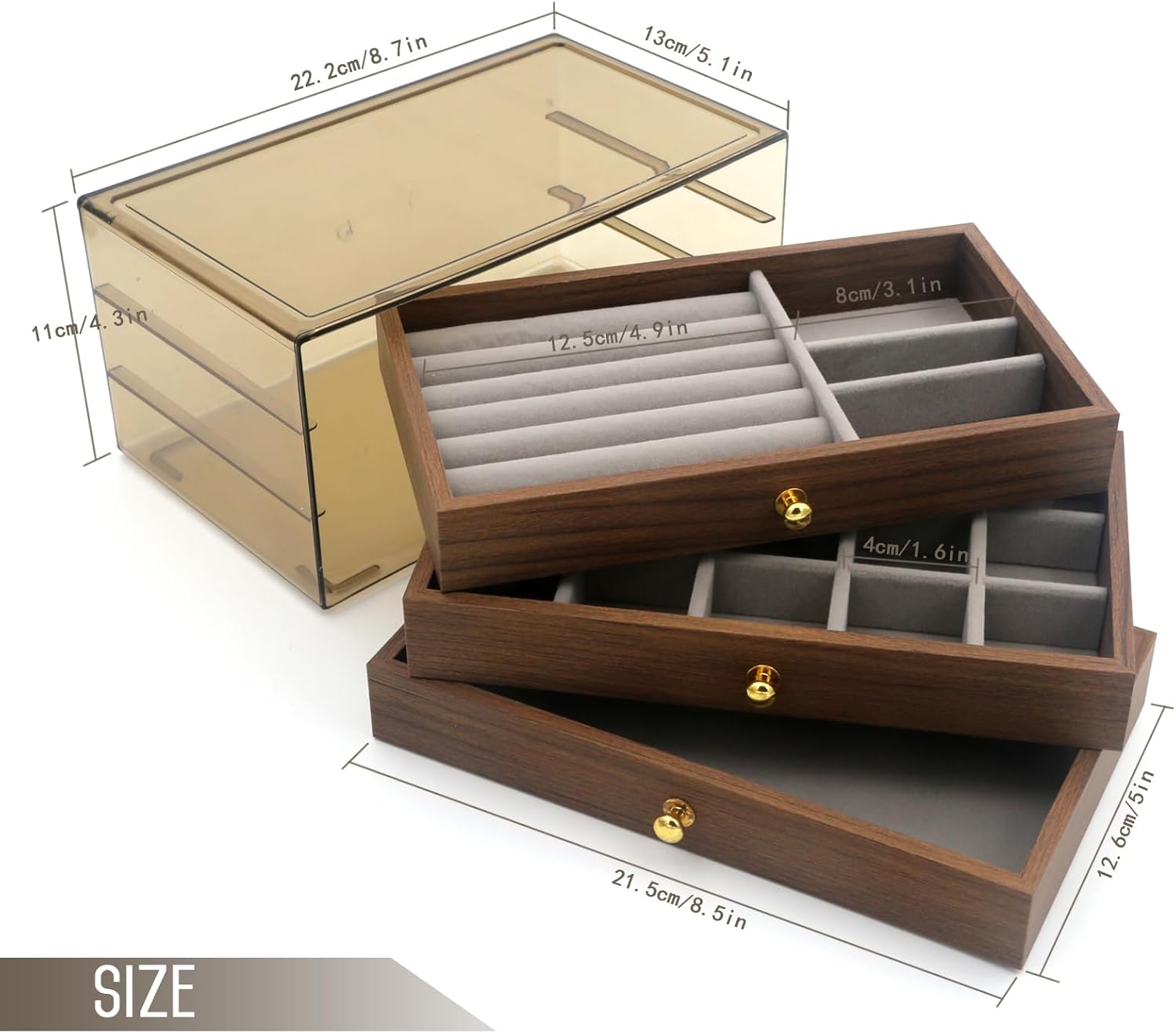 Acrylic Jewelry Organizer with Velvet Lining & Wood Drawer - Adjustable Compartments for Earrings, Rings, Necklaces, Bracelets, Lipstick | Stackable Makeup Storage Case (grey)