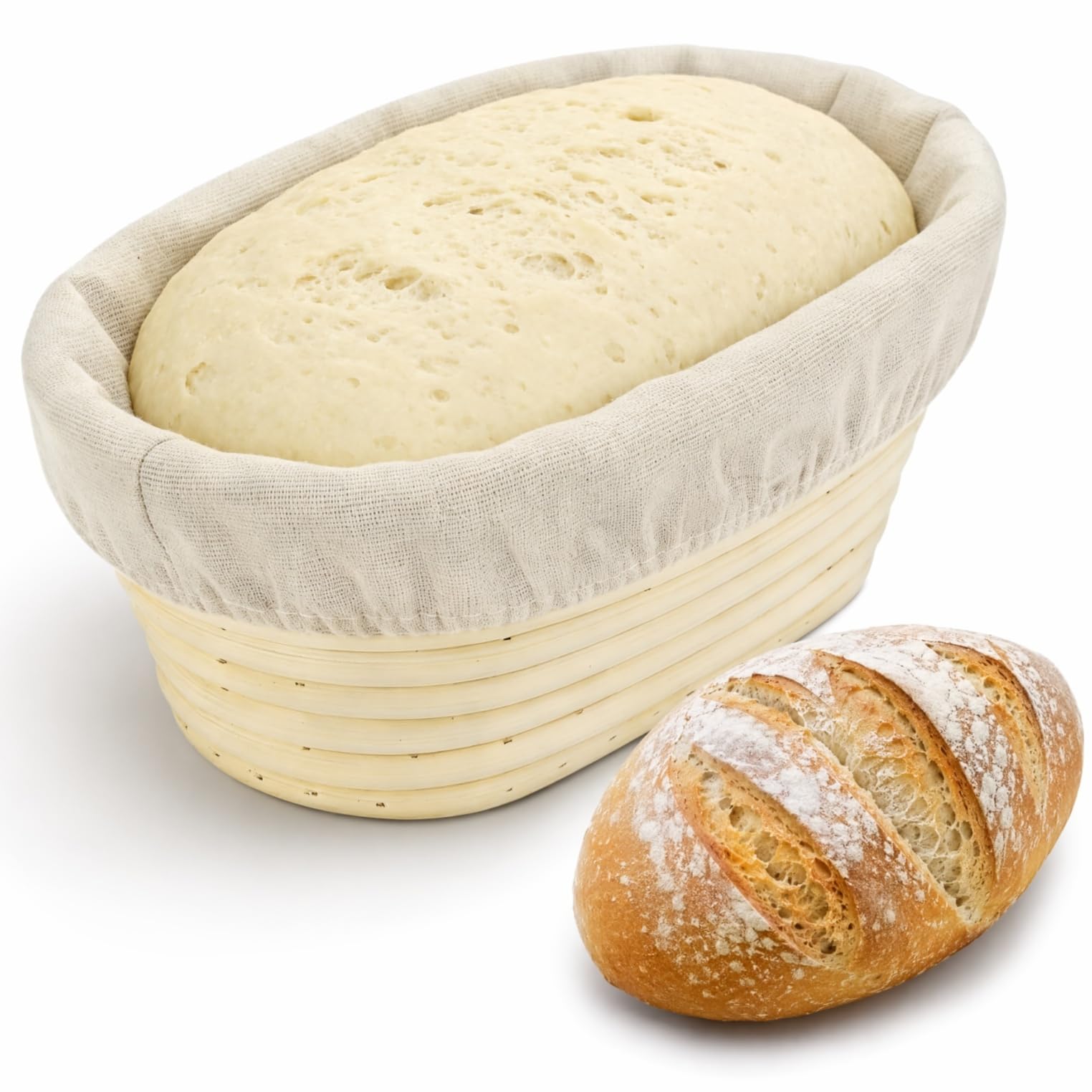 Oval Banneton Basket, 25cm Linen Liner Natural Rattan
