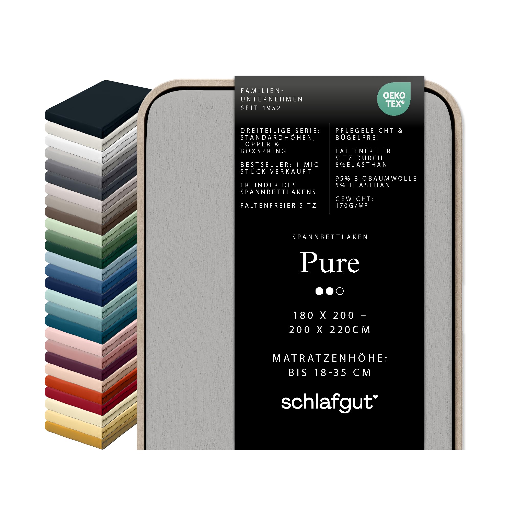 schlafgut Pure Spannbettlaken 95% Mako Bio Baumwolle & 5% Elasthan Made in Green by Oeko TEX (180x200cm bis 200x220cm Matratzenhöhe von 18 bis 35 cm, Grey Light)