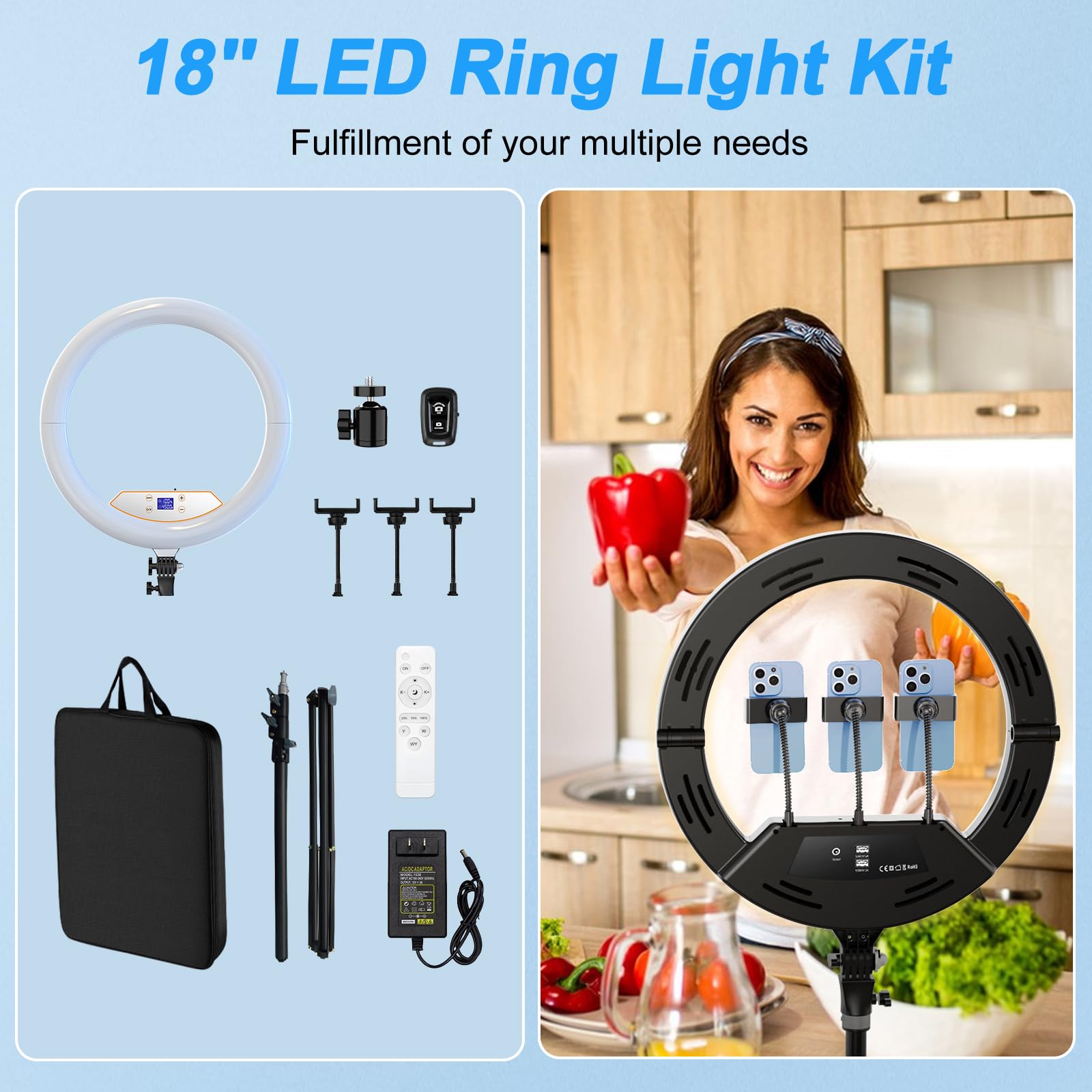 Ringlicht mit Ständer, 45,7 cm, 2 Stück, faltbares großes Ringlicht für iPhone, LED-Display/3 Handy-Clips/2 USB-Anschlüsse, 2700–6500 K, Ringlicht-Stativ für Tattoo, Wimpern, Barbier, Make-up, Studio,