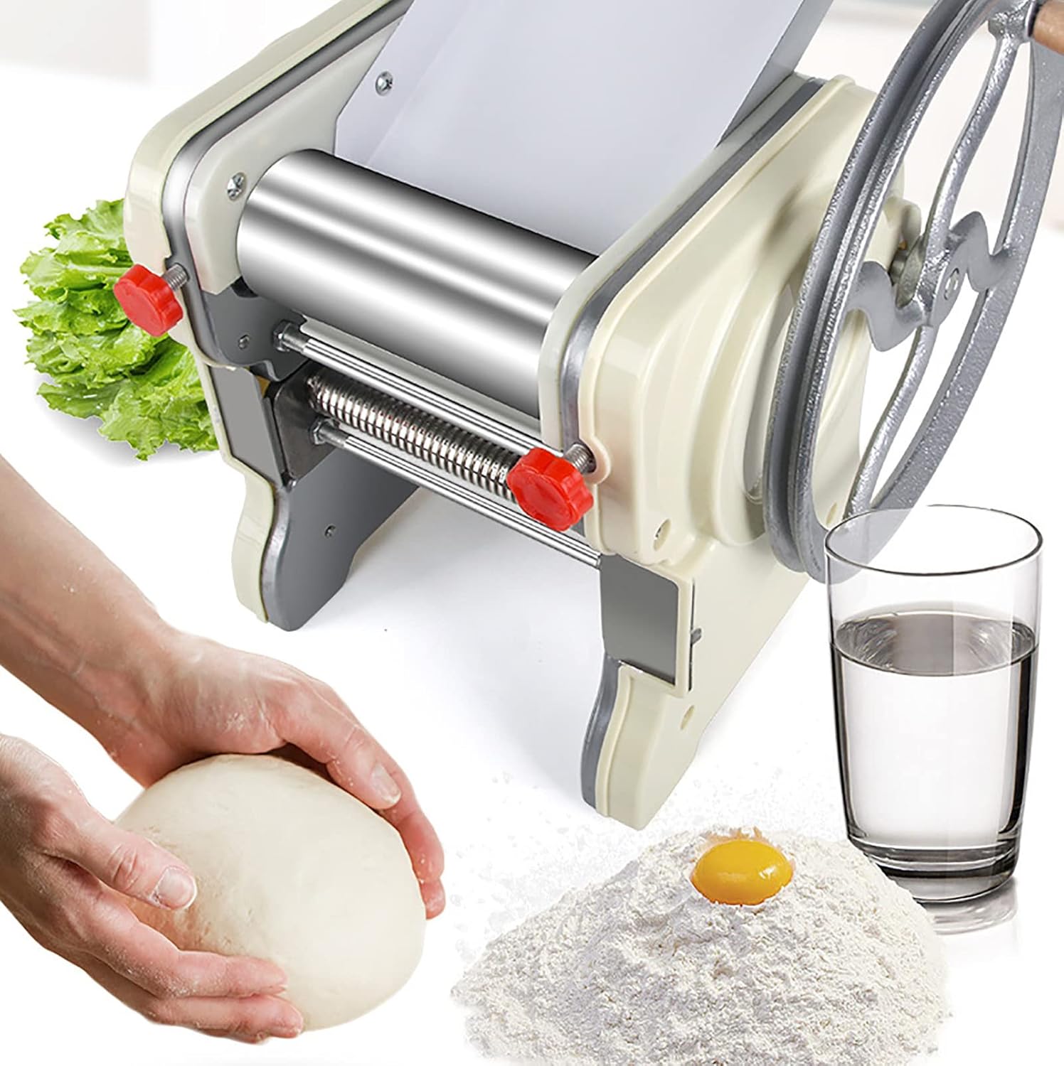Manual Pasta Maker Stainless Stee Noodle Dumpling Dough Roller Hand Crank Kitchen Spaghetti Press Household Pasta Machine Easy to Use,Silver,24*20.5*34CM