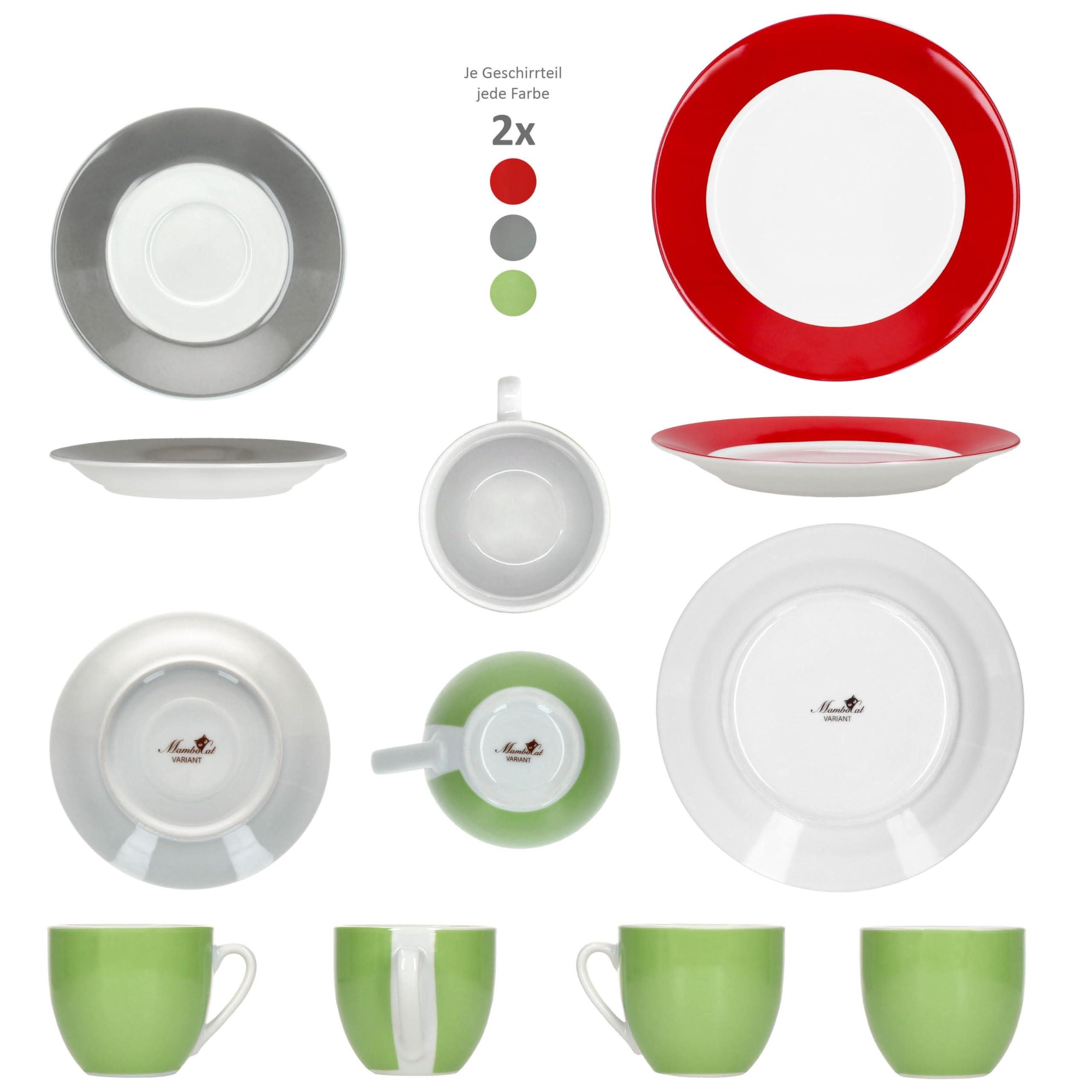 MamboCat Variant Trio 30tlg Kombiservice I Porzellan-Geschirrset mit Rand in Grün, Rot & Grau für 6 Personen I Je 6X Kaffeetassen 200ml, Untertassen, Kuchenteller, Suppenteller & Speiseteller