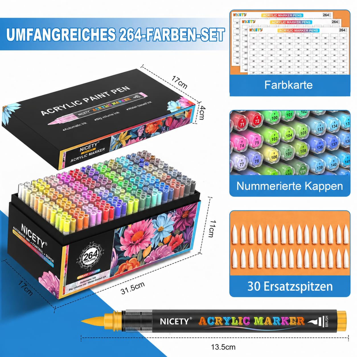 NICETY 264 Acrylstifte für Steine Wasserfest - Pinselspitze Acrylmarker für Steine, Holz, Stoff, Leinwand, Glas, Keramik, 1-6mm Multimarker Acrylfarben Marker Set