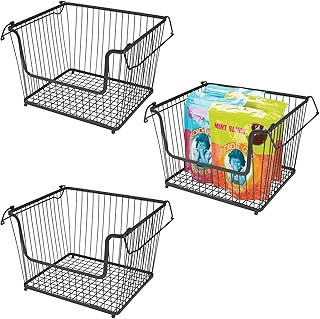 mDesign Modern Stackable Metal Food Basket with Handles, Open Front for Kitchen Cabinets, Pantry, Cabinets, Bedroom, Bathroom - Large Set of 3 - Matte Black