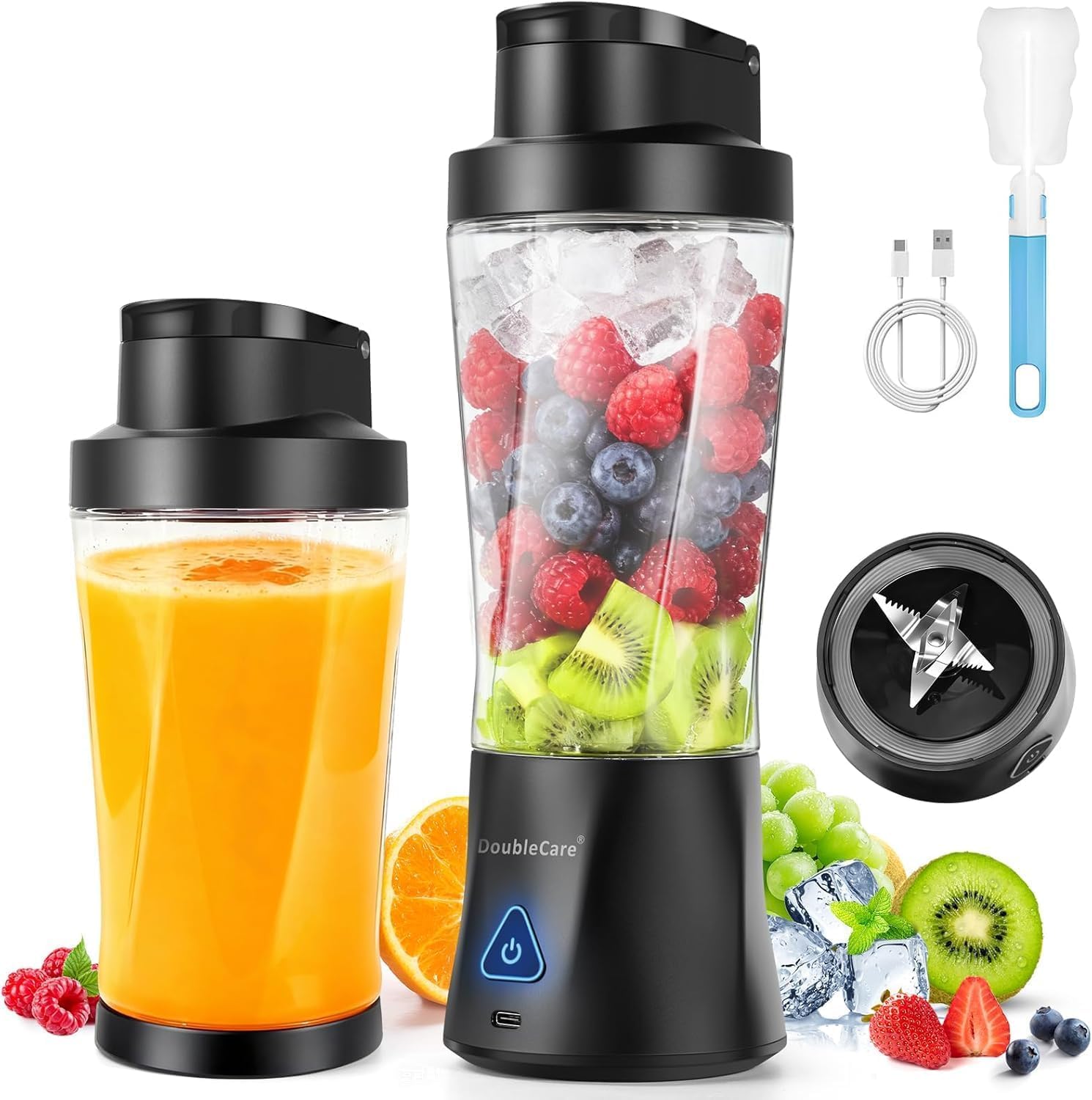 Batidora de Vaso Eléctrica 700ml, Batidora de Batidos, Trituradora Multifuncional, Licuadora USB Recargable 6000mAh con 6 Cuchillas 3D, IP67, Autolimpieza de Un Toque - Negro