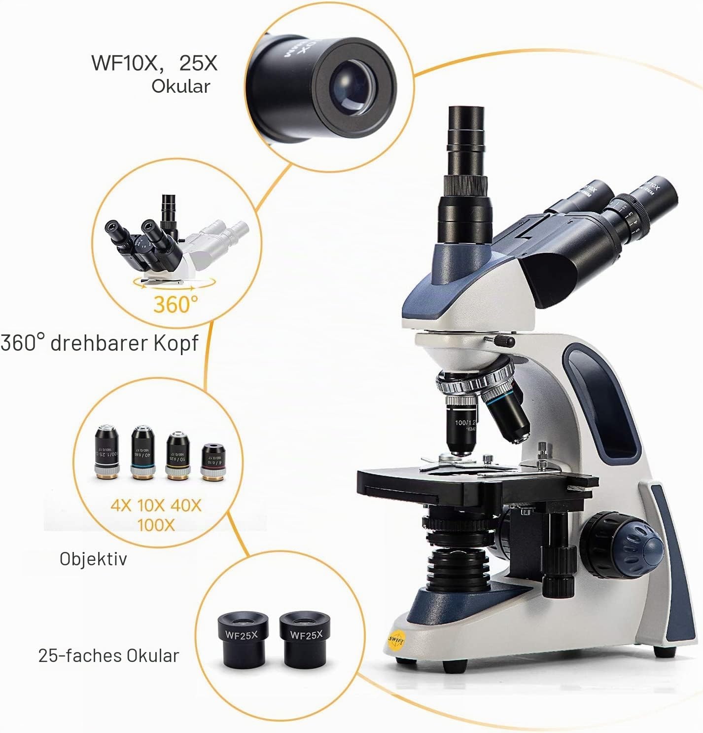 SWIFT SW380T 40X-2500X, Trinokulares Verbund-Labormikroskop mit doppellagiger mechanischer Bühne, Siedentopf-Kopf, Weitfeld-10X/25X Okulare