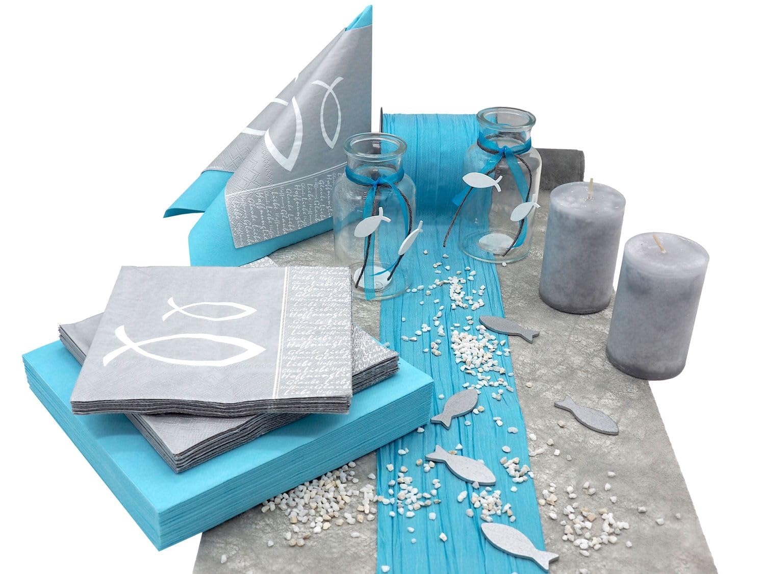 ZauberDeko Tischdeko Kommunion Konfirmation Türkis Blau Silber Grau Weiß Fisch Set 20 Personen