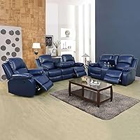 Vista 2 de Juego de sofá de 3 piezas de cuero sintético, azul, reclinación manual, sofá de dos plazas, almacenamiento, mesa de centro, cuero artificial, sala