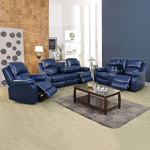 Miniatura 2 de Juego de sofá de 3 piezas de cuero sintético, azul, reclinación manual, sofá de dos plazas, almacenamiento, mesa de centro, cuero artificial, sala