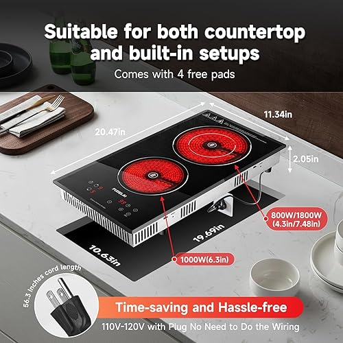 Miniatura 6 de Placa de cocina eléctrica de 2 quemadores, estufa de cerámica portátil con 9 niveles de potencia y temporizador, 1800 W 120 V, bloqueo de seguridad