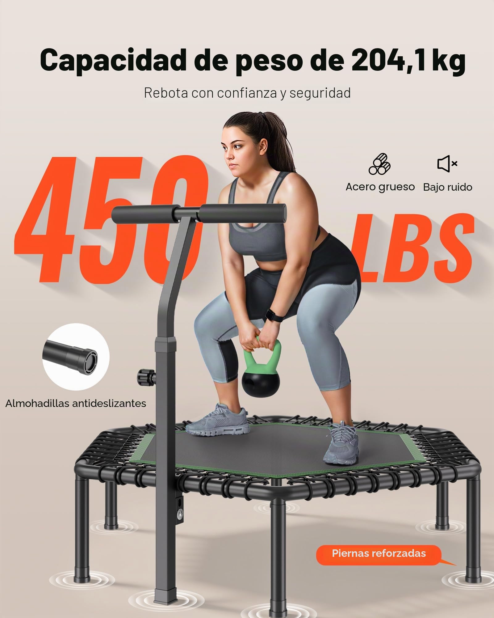 VEVOR Trampolín de Fitness 138,5 cm, Cama Elástica Capacidad Máxima de 205 kg, con 3 Niveles de Altura Ajustable, Mango de Espuma, Trampolín de Rebote Estable y Silencioso, para Adultos, Interiores