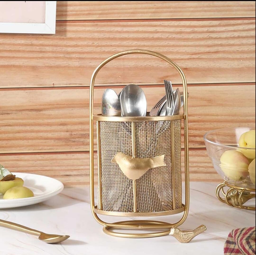 DECORCAVE CADDY Bulbul Cutlery Stand Metal Self Draining Tableware Storage Box - Spoon, Knife, Fork, Chopstick, Cutlery Holder Kitchen Organizer Stand Dining Multifunctional Stand (GOLD) (B0CWHZYXDL) Amazon Price History, Amazon Price Tracker