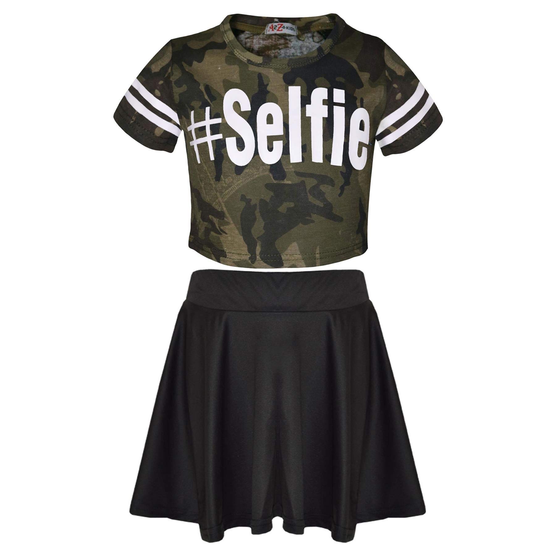 A2z 4 Kids Girls Green Top Kids #Selfie Camouflage Crop Top & Skater Skirt - Camo Selfie Crop & Skirt_ 9-10