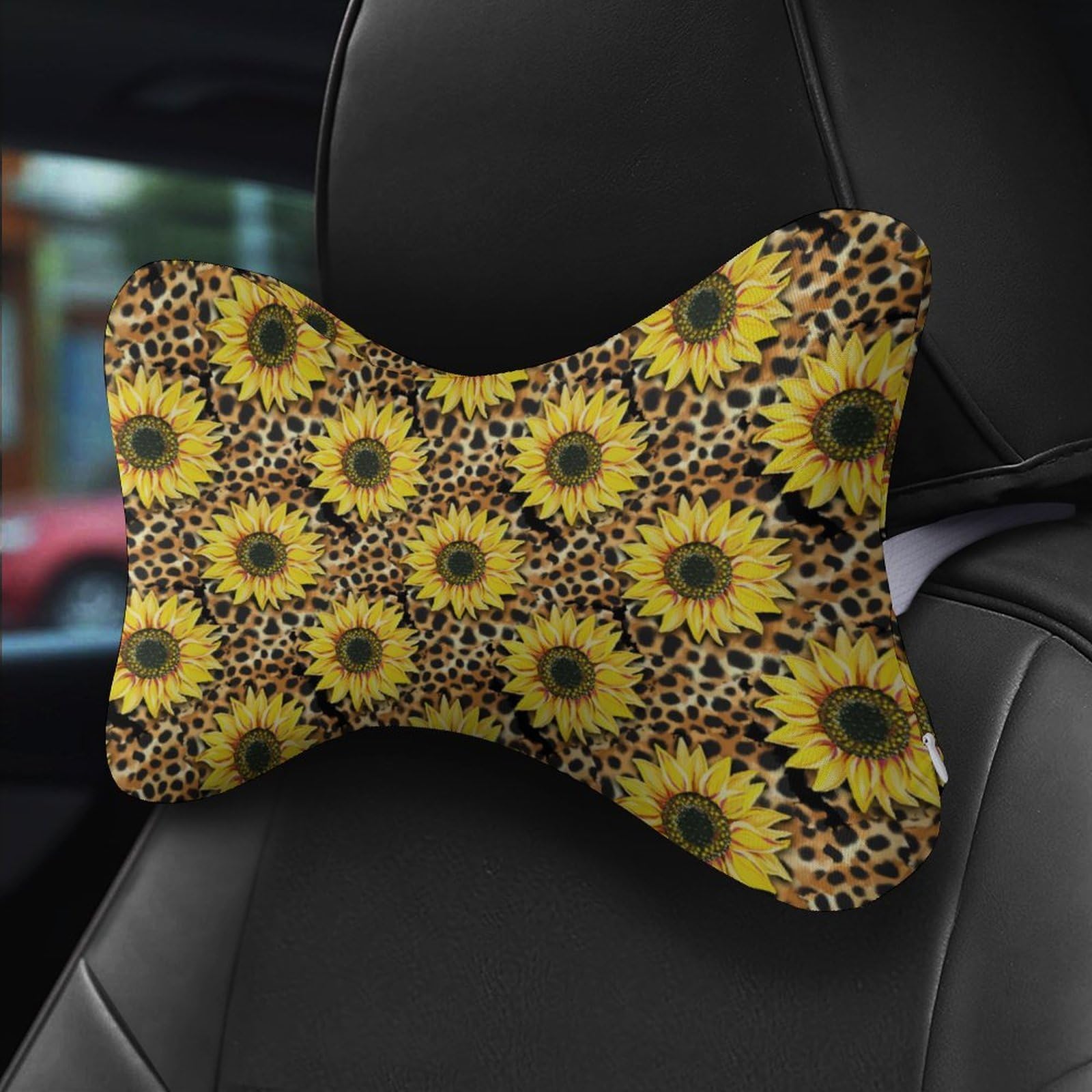 SMAZDFXX Sunflower Leopard Car Neck Pillow Set of 2 Car Seat Head Support Cushion Bone Pillows with Elastic Strap