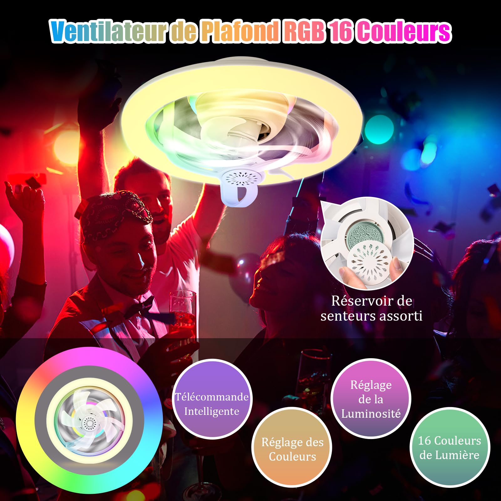 YOOHBERRYS Ventilateur de Plafond avec Lumiere RGB, Douille E27, Silencieux, Telecommande, 28cm*18cm