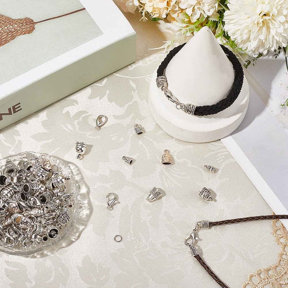 SUNNYCLUE 1 Box 230pcs Leather End Caps Kumihimo Cord End Caps Alloy Antique Silver Tibetan Style Glue in Crimp Tassel Cord Tube Tips for Jewelry Making Kit Adult Bracelets DIY Accessories Crafts - Image 3